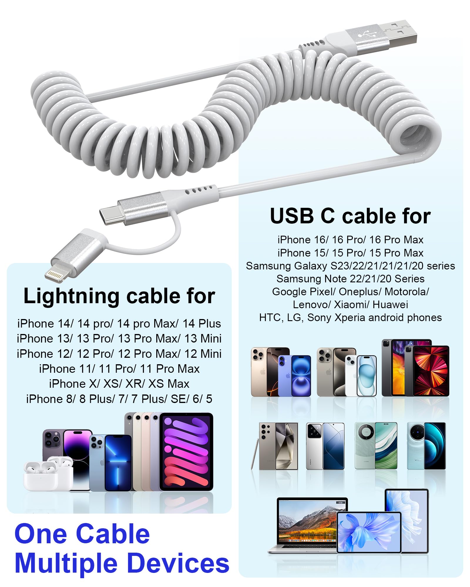 USB to Lightning and USB C Cable 2 in 1 Coiled iPhone Charger Cord - Car Charger Lightning USB C Combo Support Apple Carplay & Android Auto & Data Sync, for iPhone 16 15 14 13 12 11 Android, White