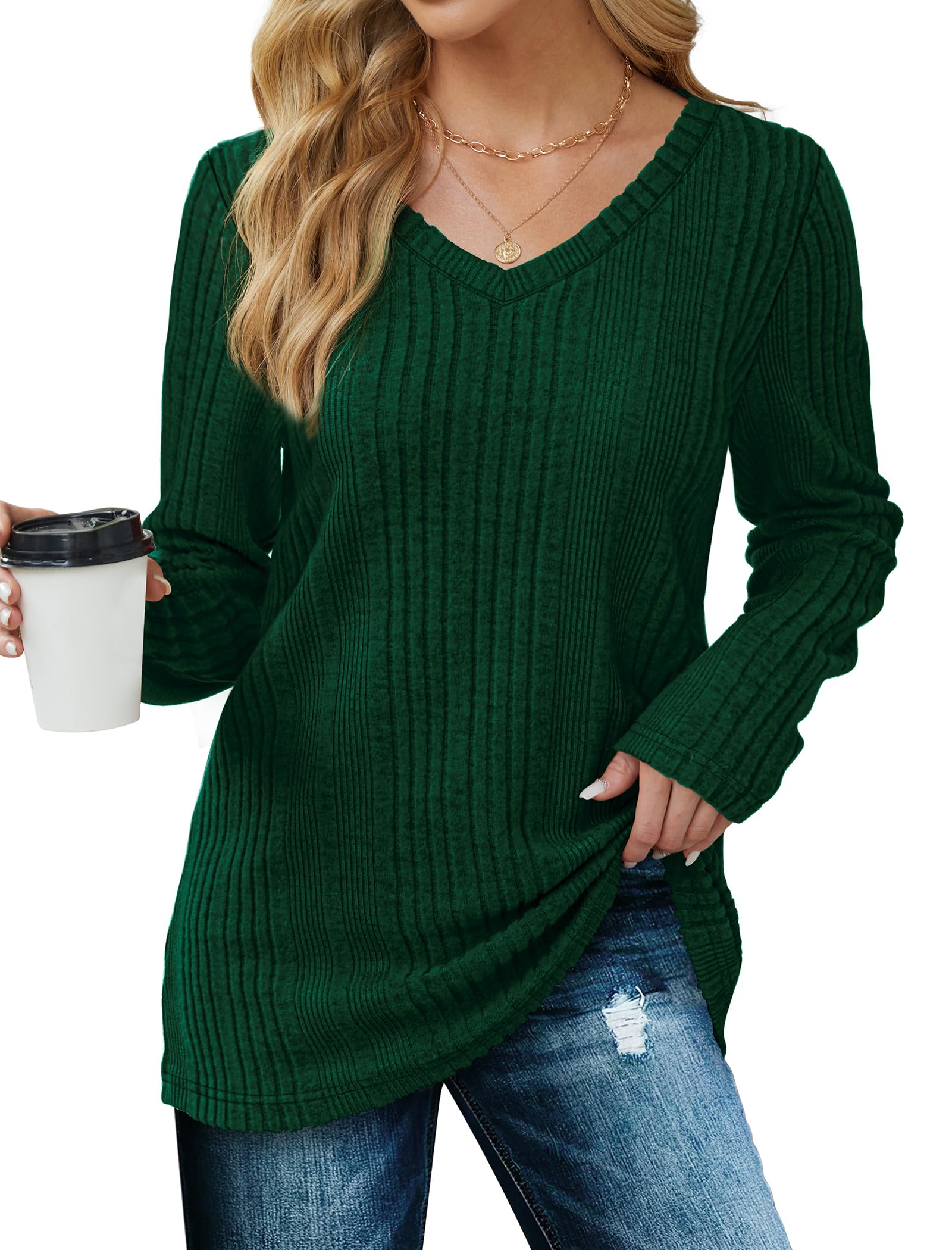 Saloogoe Womens Sweaters Lightweight Long Sleeve Tunic Tops for Women for Leggings Green L