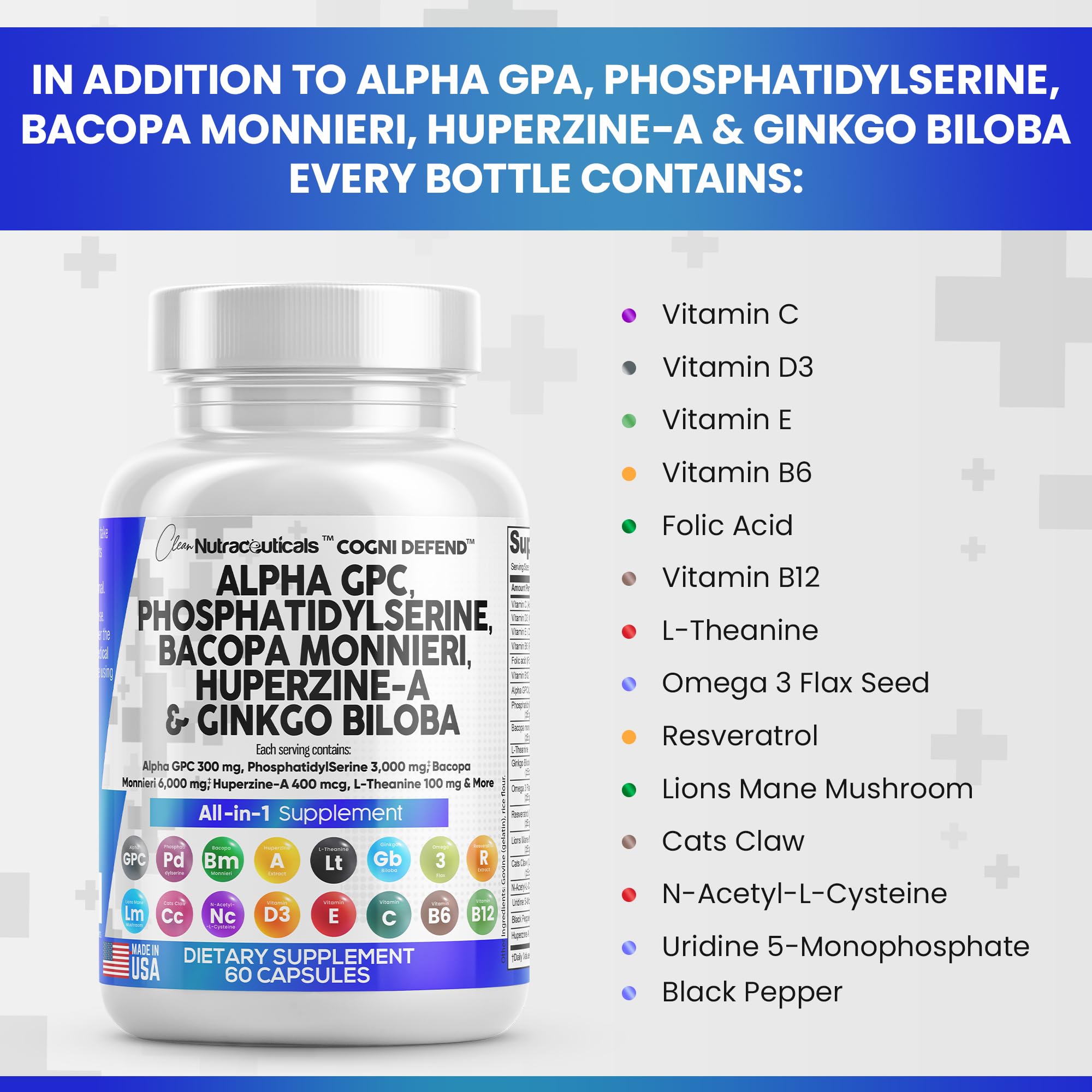 Clean Nutraceuticals Alpha GPC Choline Phosphatidylserine Bacopa Monnieri Ginkgo Biloba Huperzine A Supplement with Urdine Lions Mane Cats Claw NAC Vitamin C B D E