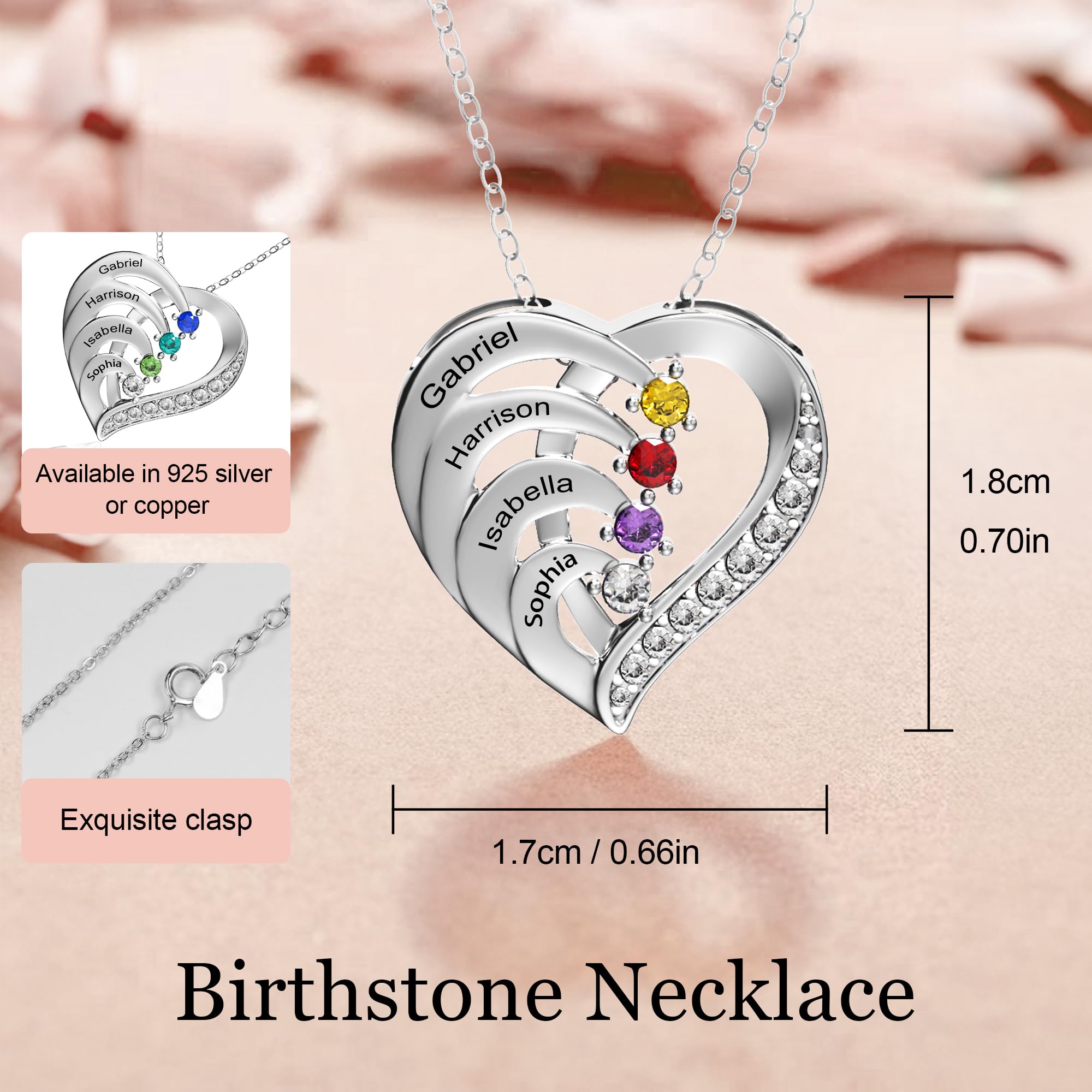 Easycosy Personalized 4 Names Necklace with Simulated Birthstones Custom Promise Necklace Heart Pendant with Engraved Names - Anniversary Birthday Christmas Jewelry Gifts for Women Mom Grandma Wife