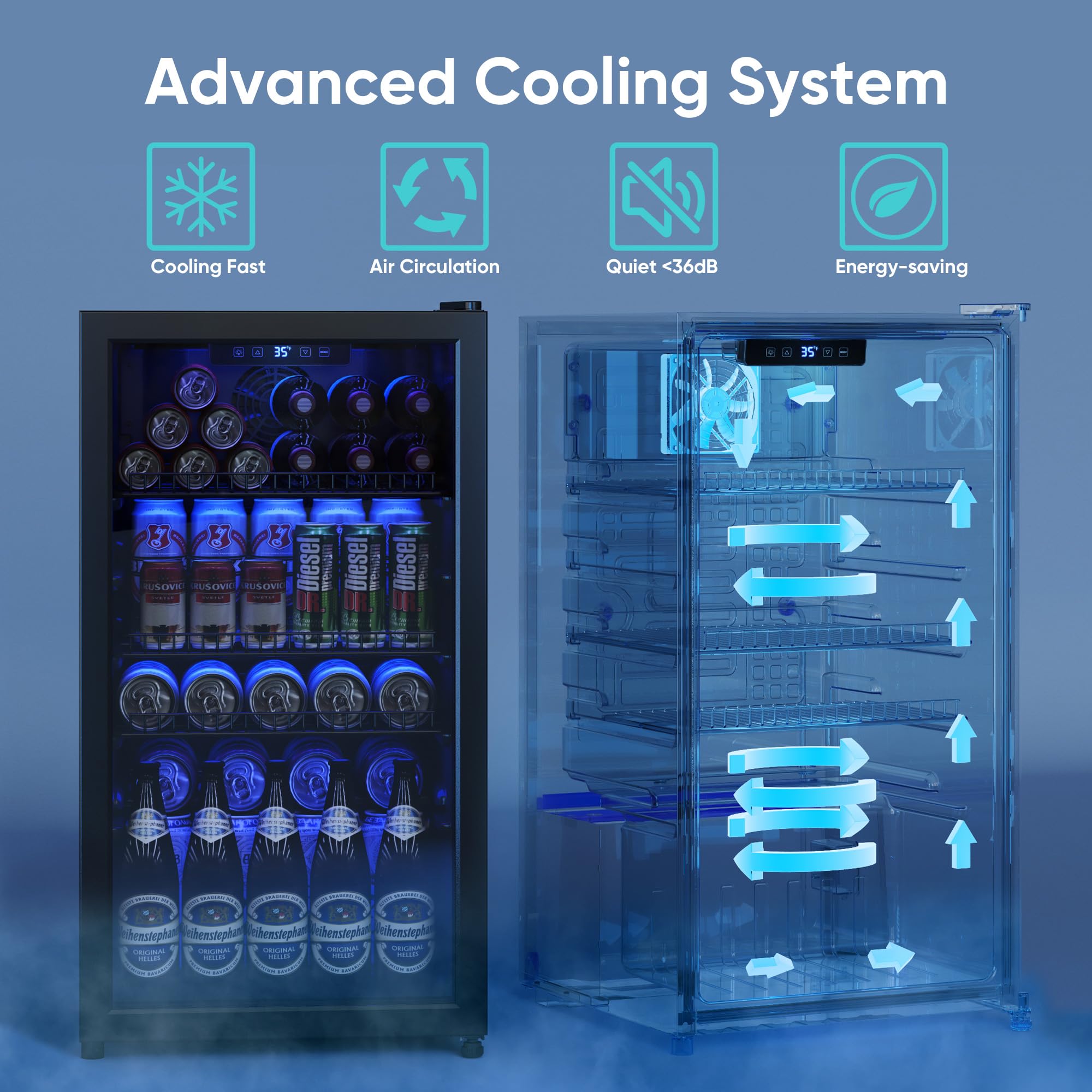 3.2 Cu.Ft Beverage Fridge, Mini Fridge With Glass Door, Beverage Cooler Refrigerator, Wine Drink Beer Fridge, Adjustable Shelves & Digital Temperature Display, 26 Bottle 128 Can