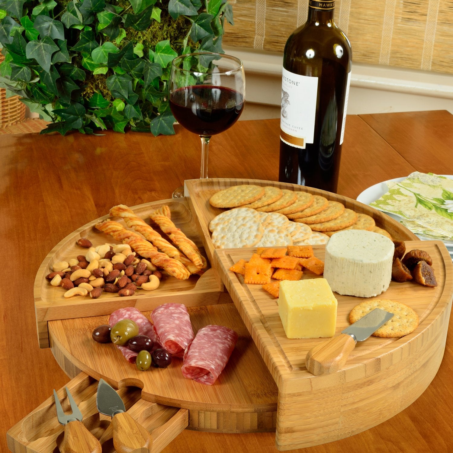 Picnic at Ascot Patented Bamboo Cheese/Charcuterie Board with Knife Set-Stores as a Compact Wedge-Opens to 18" Diameter-Designed & Quality Checked in USA