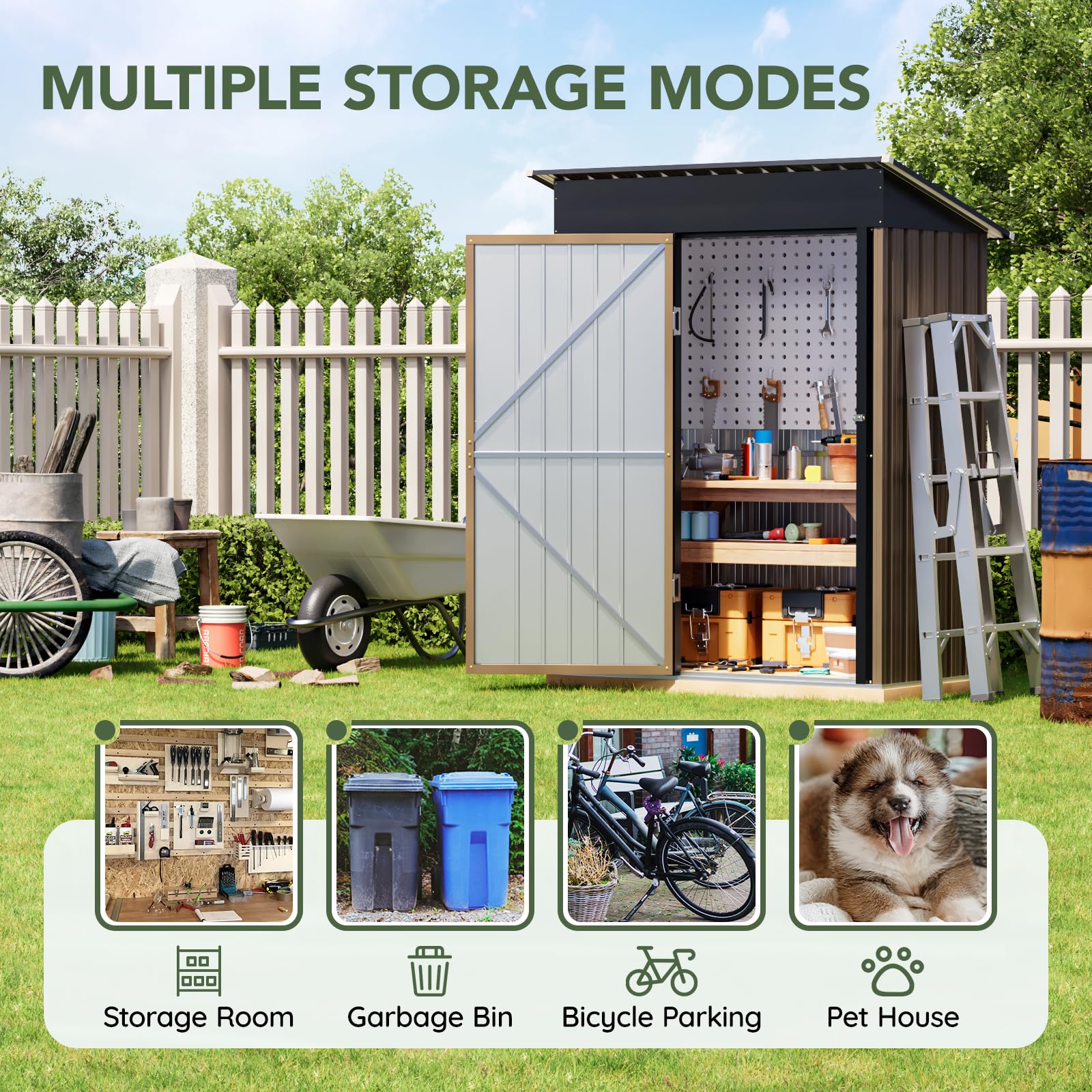 Grovellis 3x5 FT Outdoor Metal Storage Shed with Floor Frame, Single Door, 1 Clear Window, Tool Shed for Garden, Patio, Backyard Brown