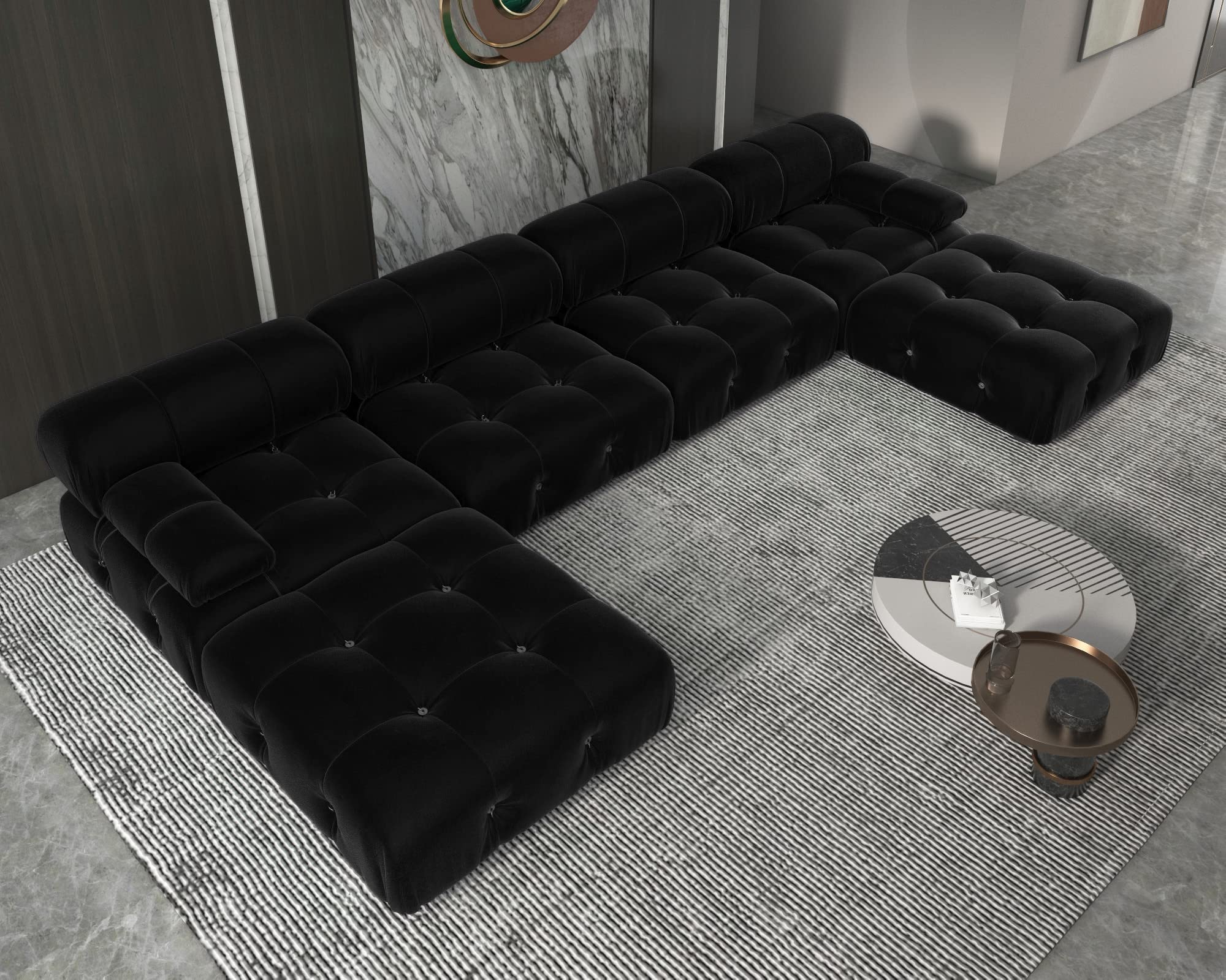 JACH 138" Black Sectional Couches, U-Shaped Minimalist Velvet Sofas, Convertible Modular Sofa, Luxury Modern 6-Seats Couch Sectional with Chaise Ottomans for Living Room Bedroom Office Apartment
