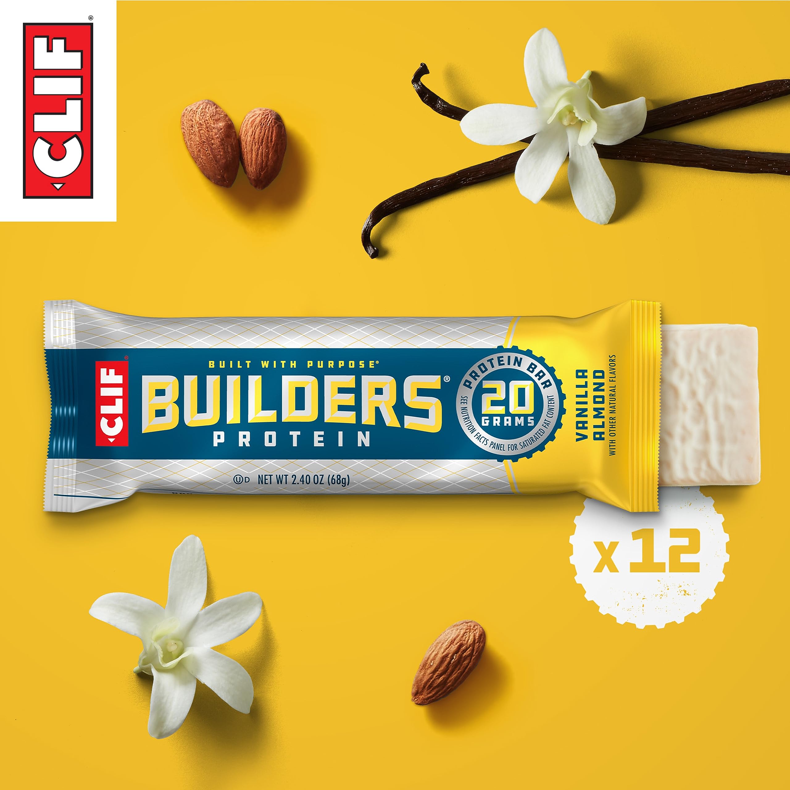 CLIF Builders - Vanilla Almond Flavor - Plant Based Protein Bars - Gluten Free - Non-GMO - Low Glycemic - 20g Protein - 2.4 oz. (12 Count)