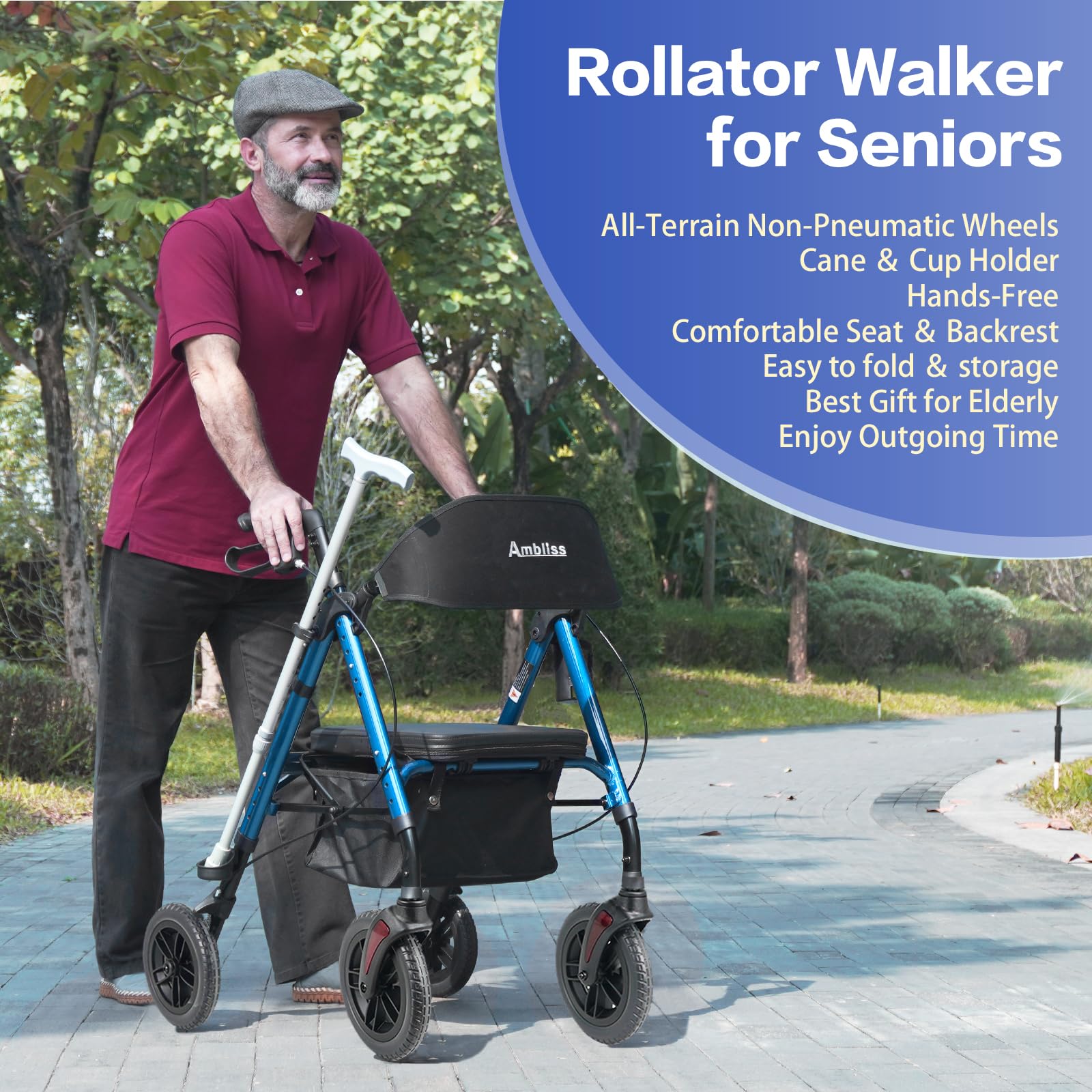 Ambliss 10" Front Wheeled Walkers for Seniors,Rollator Walker with Seat and Extra Wide Backrest, Lightweight Collapsible Rolling Walker, Adjustable Height Rollator Walker with Cup & Cane Holder (Blue)