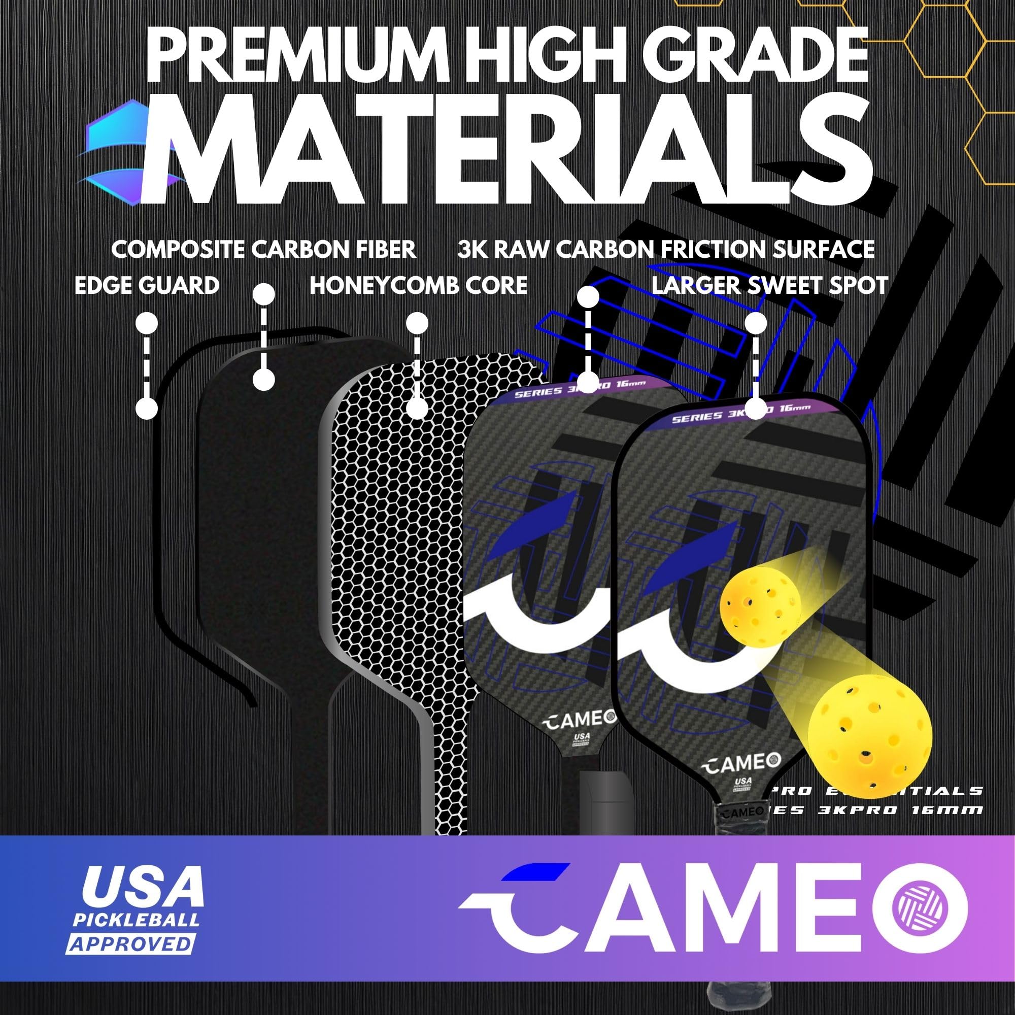 Pickleball Paddles | 3K Graphite Carbon Fiber Pickleball Paddle | 16mm Pickle Ball Paddle | Pickleball Paddles Carbon Fiber Control & Power | Pickleball Racket Pro | USAPA Approved
