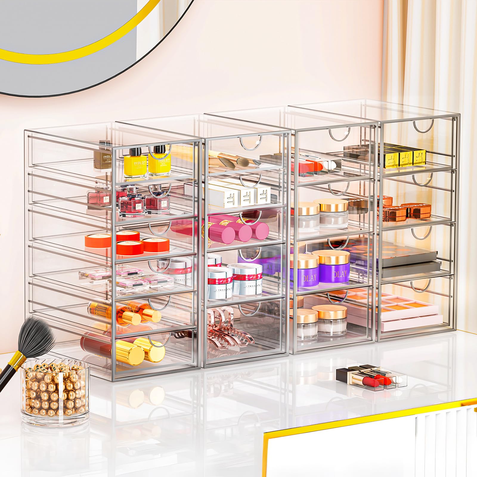 YFXCVSL Acrylic Makeup Organizer with 19 Drawers, 4 Pack Clear Storage Drawers, Bathroom Makeup Organizer for Palettes, Cosmetic, and Beauty Supplies,Ideal for Vanity, Cabinet,Desk Organization