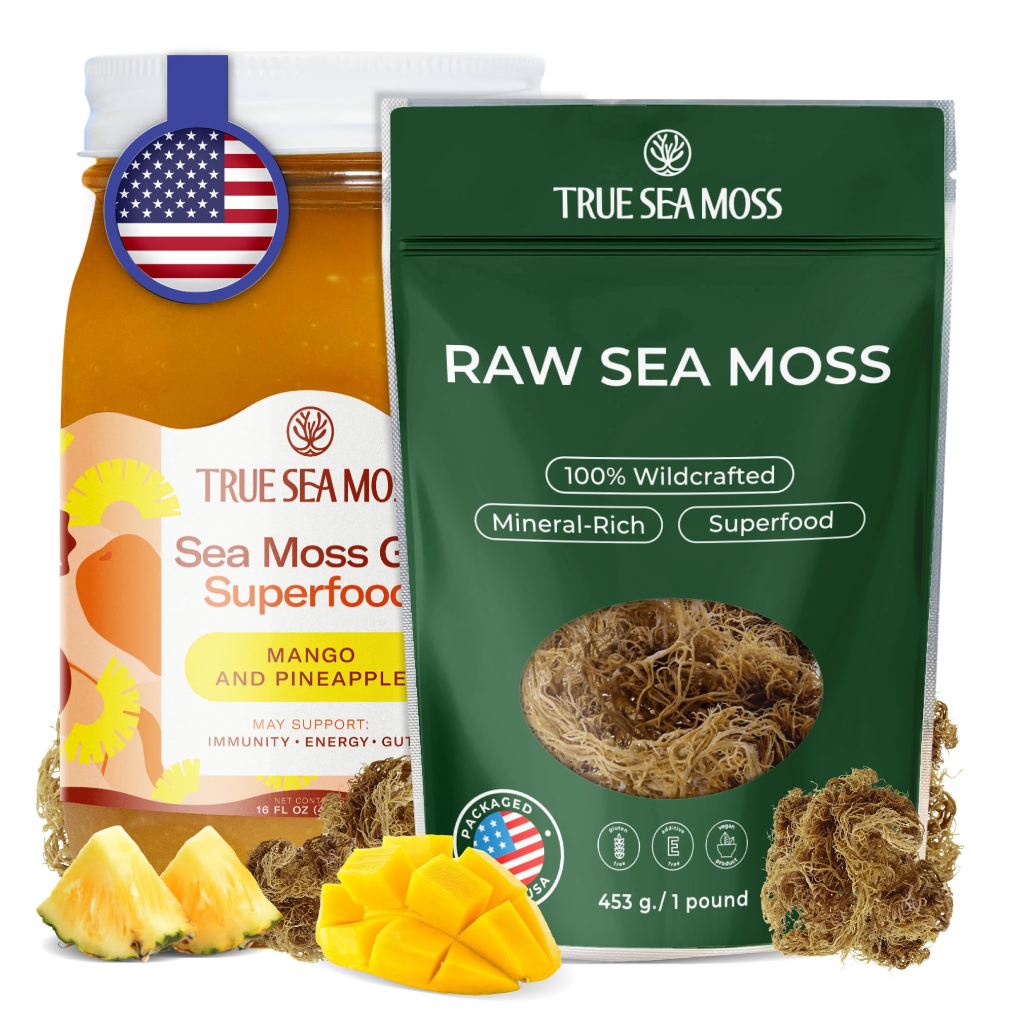TrueSeaMoss Sea Moss Gel + Raw Irish Moss Bundle – Wildcrafted Seamoss for Gut Health, Antioxidant & Energy Support – 16oz Sundried Raw + Mango/Pineapple Gel – Vegan, Made in USA