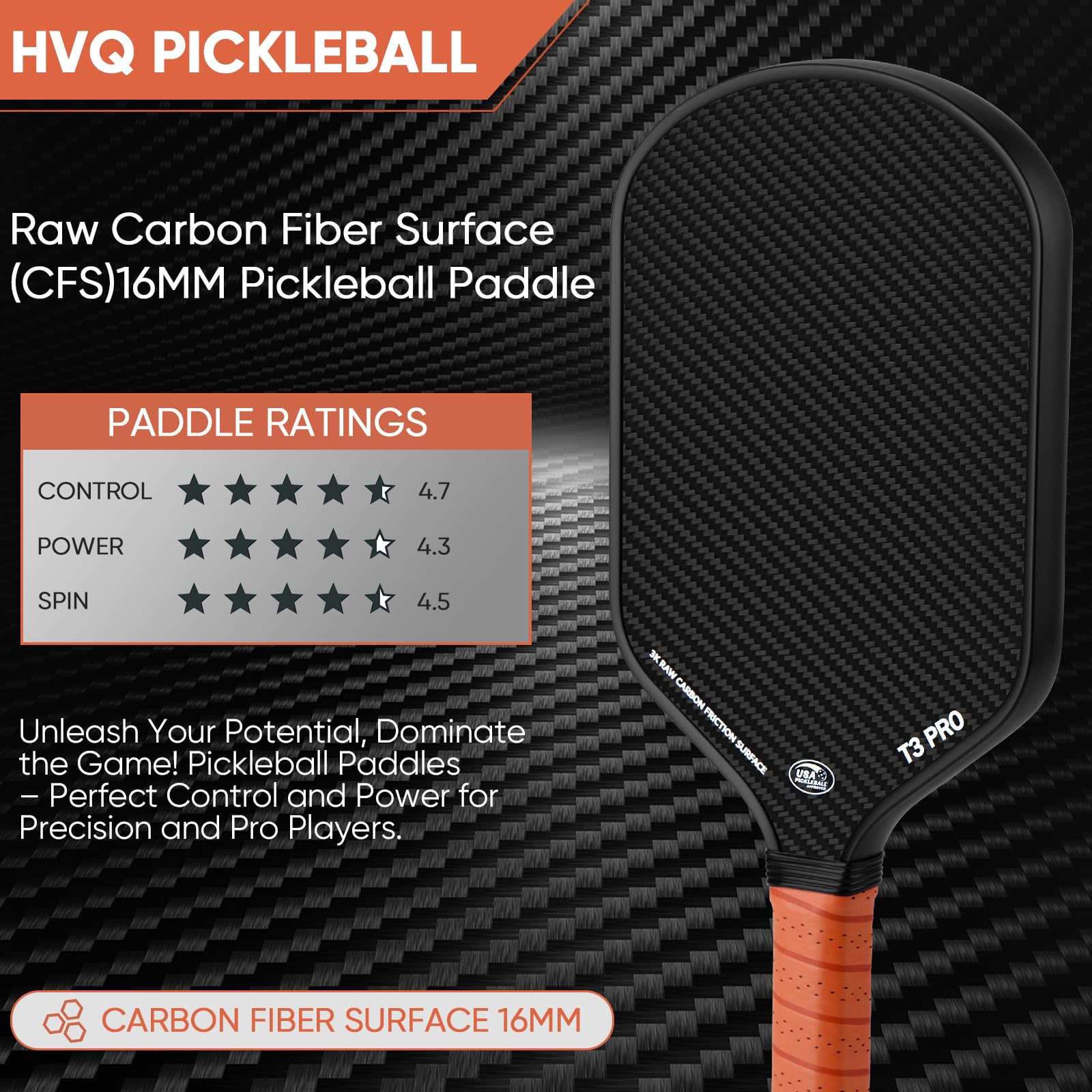 Pickleball Paddle - 3K Raw Carbon Fiber Surface (CFS) + Carbon Abrasion Surface (CAS) with High Grit & Spin, Sure-Grip Elongated Handle, Pickle Ball Paddle with 16mm Polypropylene Honeycomb Core