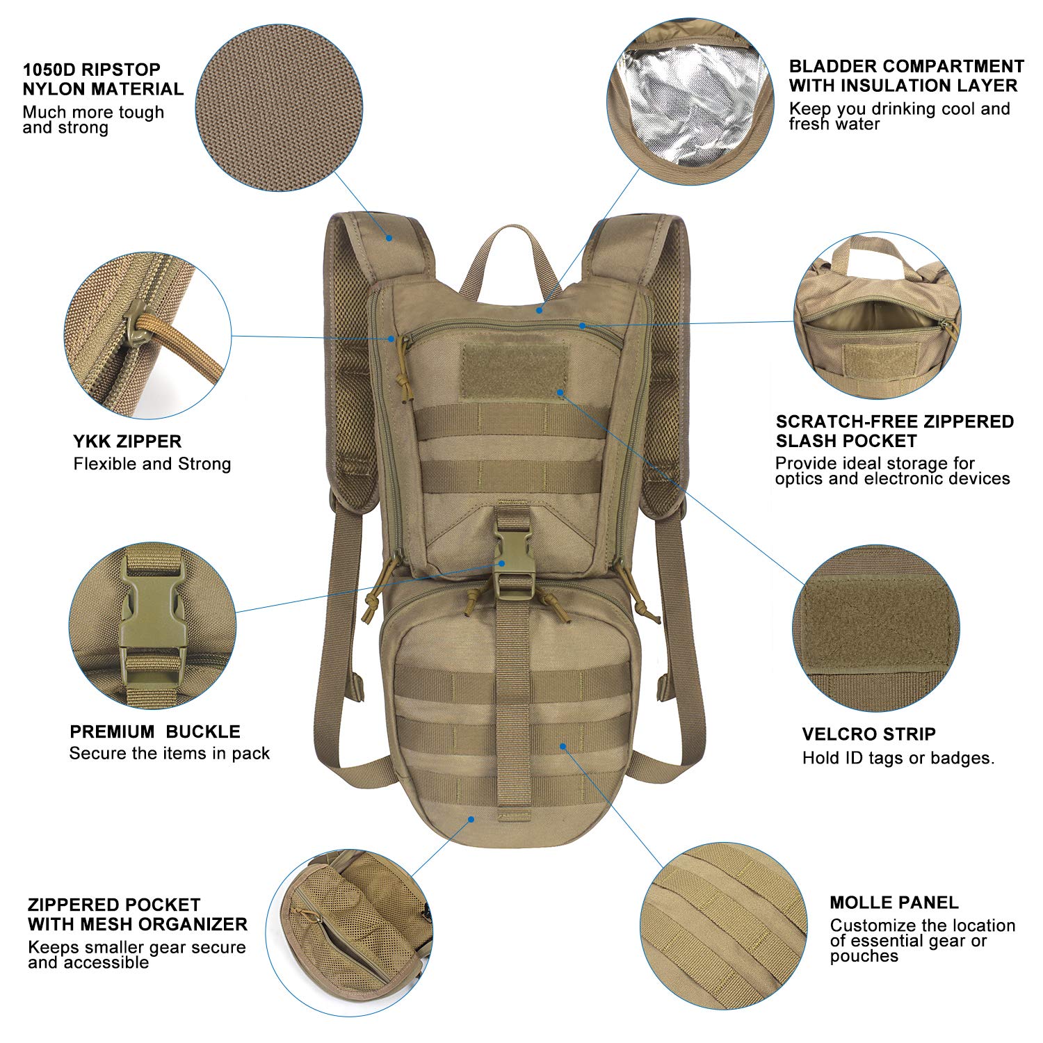 Unigear Tactical Hydration Packs Backpack 1050D with 3L Water Bladder, Thermal Insulation Pack Keeps Liquid Cool up to 4 Hours for Hiking, Cycling, Hunting and Climbing (Tan)