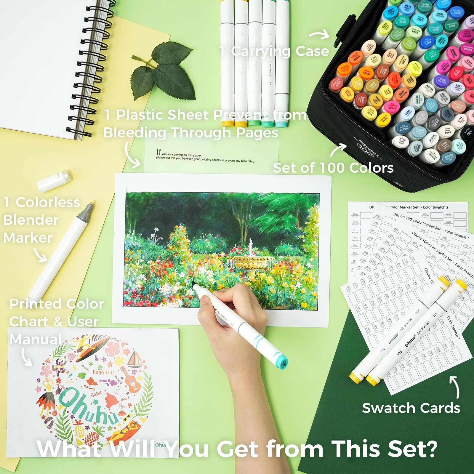 Ohuhu Alcohol Markers Double Tipped Art Marker Set for Artists Adults Coloring Sketch Illustration - Chisel & Fine Dual Tips - 100 Colors - Oahu Series of Ohuhu Markers - Refillable Ink