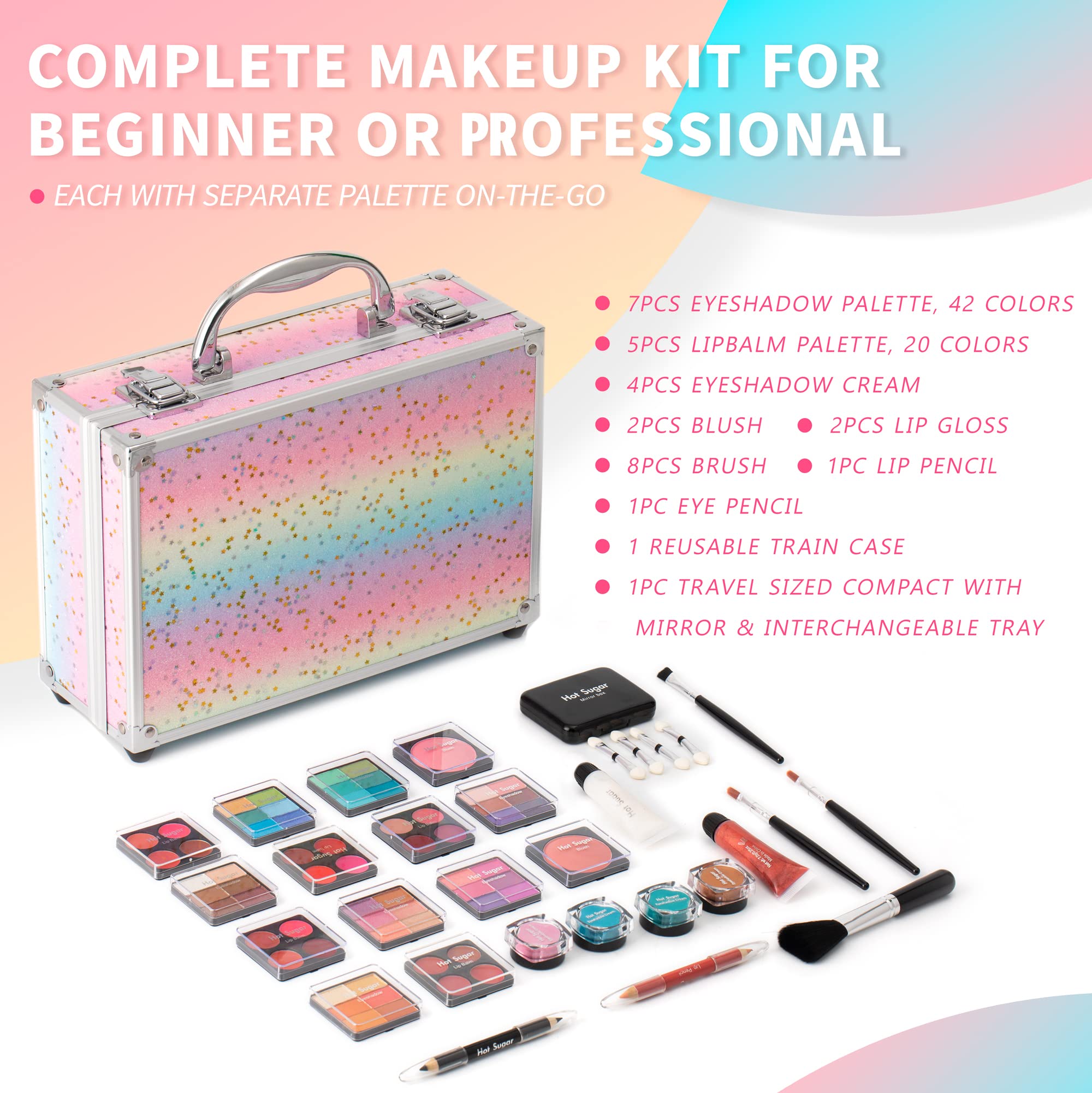 Hot Sugar Makeup Kit for Teenager Girls - Full Starter Cosmetics Set with Eye Shadow Lip Balm Blush Lip Gloss Brush Lip Pencil Eye Pencil and Mirror (Rainbow)