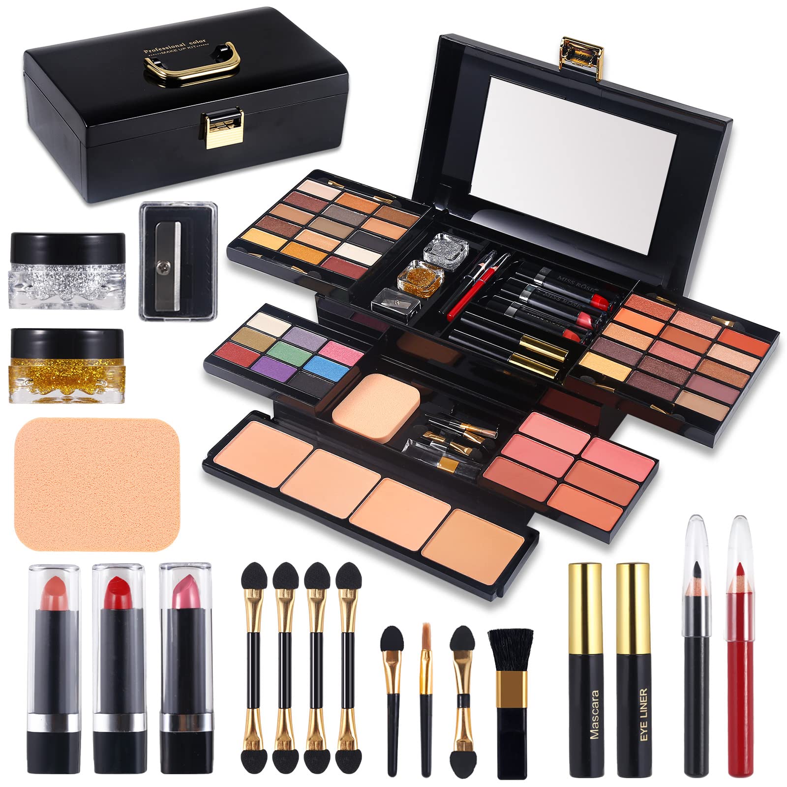 Professional Makeup Kit for Women Full Kit with Mirror 58 Colors All in One Make up Gift Set for Girls Included Eyeshadow,Compact Powder,Blusher,Lipstick,Eyebrow Pencil,Gitter Gel,Eyeliner,Mascara (N)