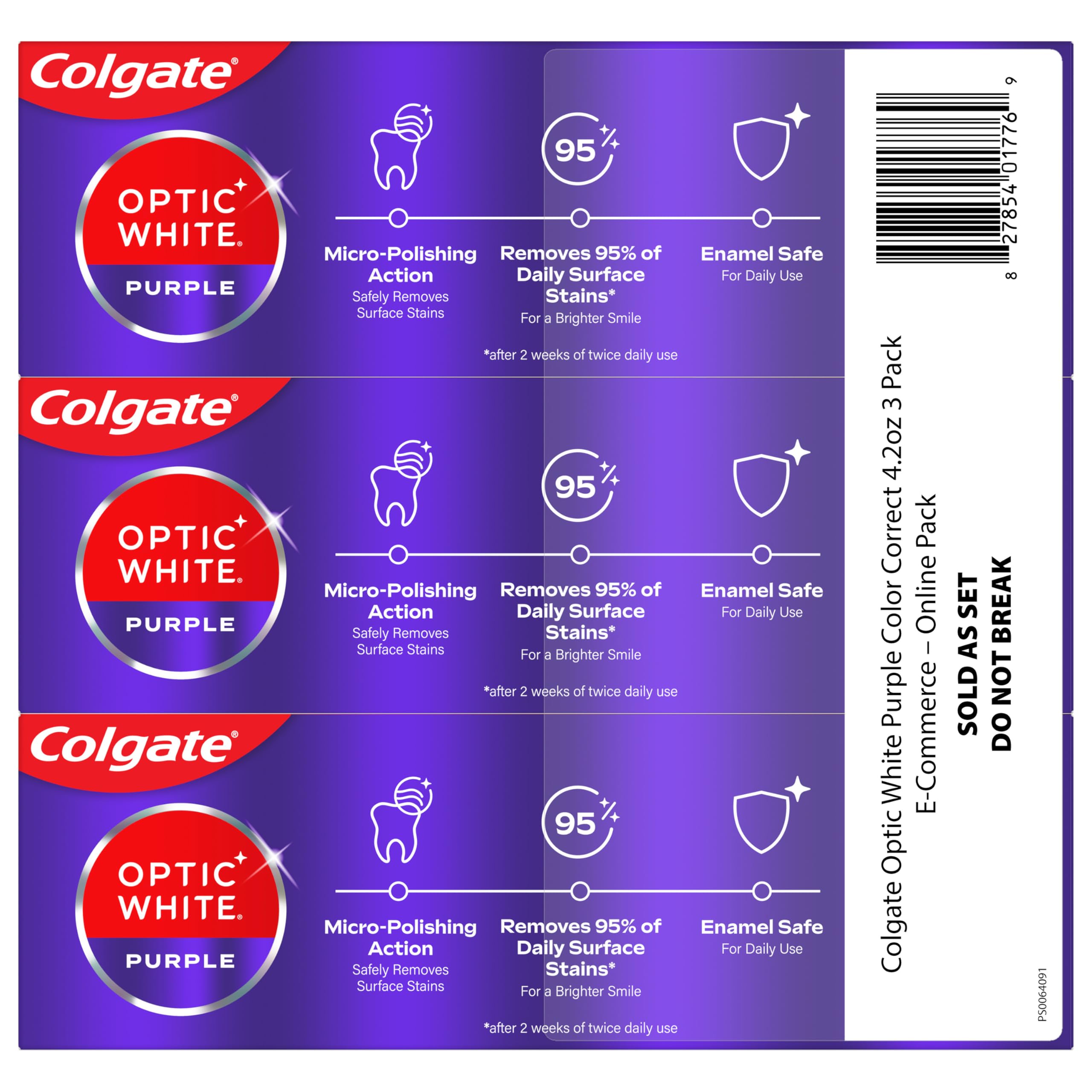 Colgate Optic White Purple Toothpaste for Teeth Whitening, Teeth Whitening Toothpaste with Fluoride, Helps Remove Surface Stains and Polishes Teeth, Enamel-Safe for Daily Use, Mint, 3 Pack, 4.2 oz