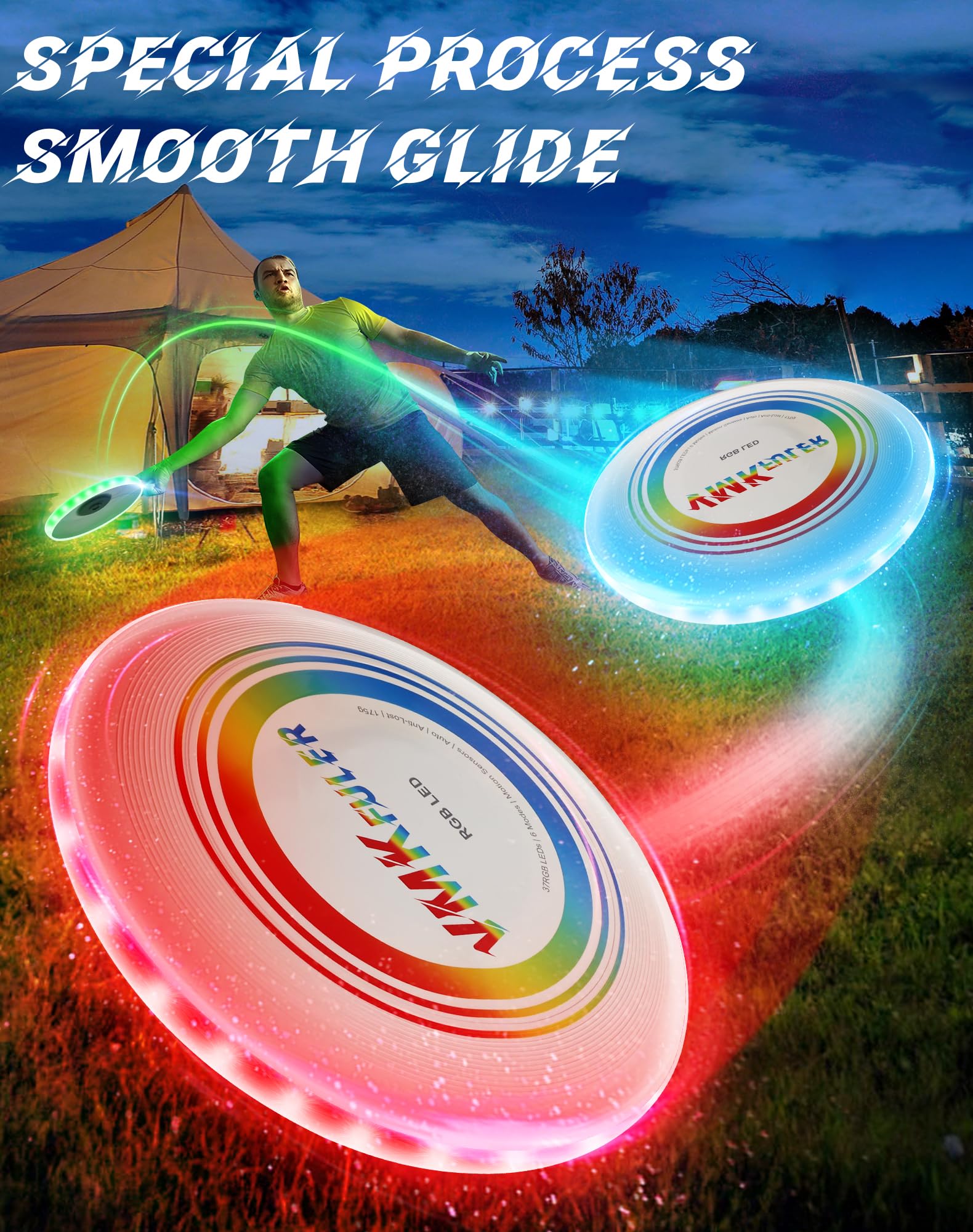 Vmkfuler LED Flying Disc-RGB LED, Light Up Ultimate Flying Disc, Smart Modes, Anti-Lost, Rechargeable, Ideal for Adult/Boys/Teens/Kids, 175g