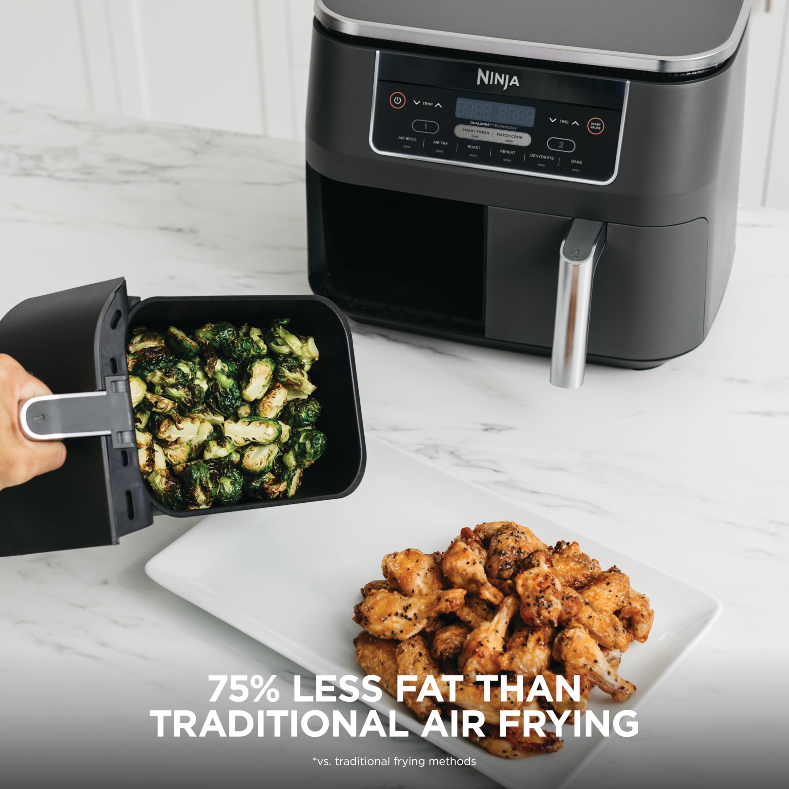 Ninja DZ201 Foodi 8 Quart 6-in-1 DualZone 2-Basket Air Fryer with 2 Independent Frying Baskets, Match Cook & Smart Finish to Roast, Broil, Dehydrate & More for Quick, Easy Meals, Grey