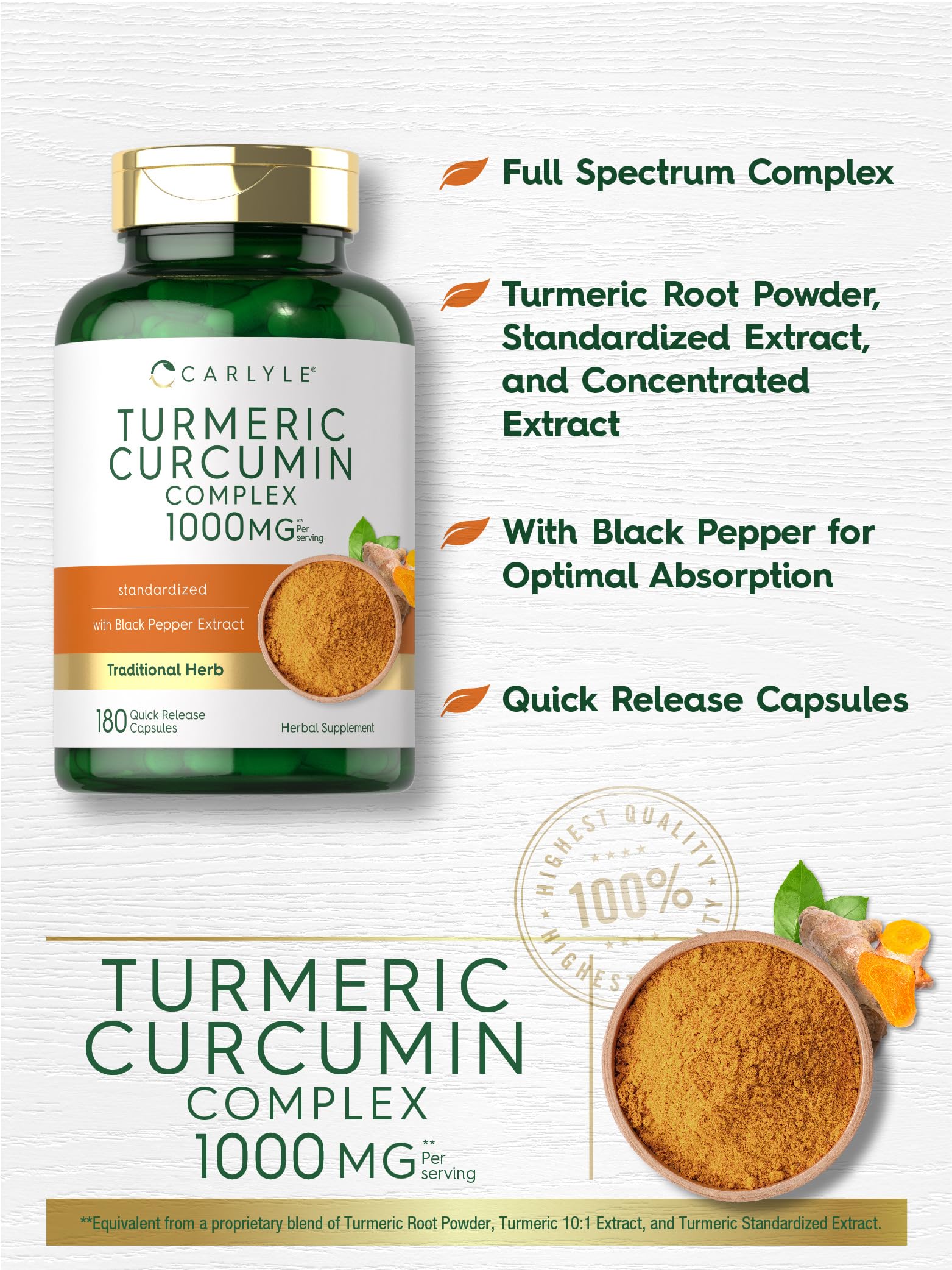 Carlyle Turmeric Curcumin with Black Pepper 1000mg | 180 Capsules | Turmeric Complex Supplement | Non-GMO, Gluten Free