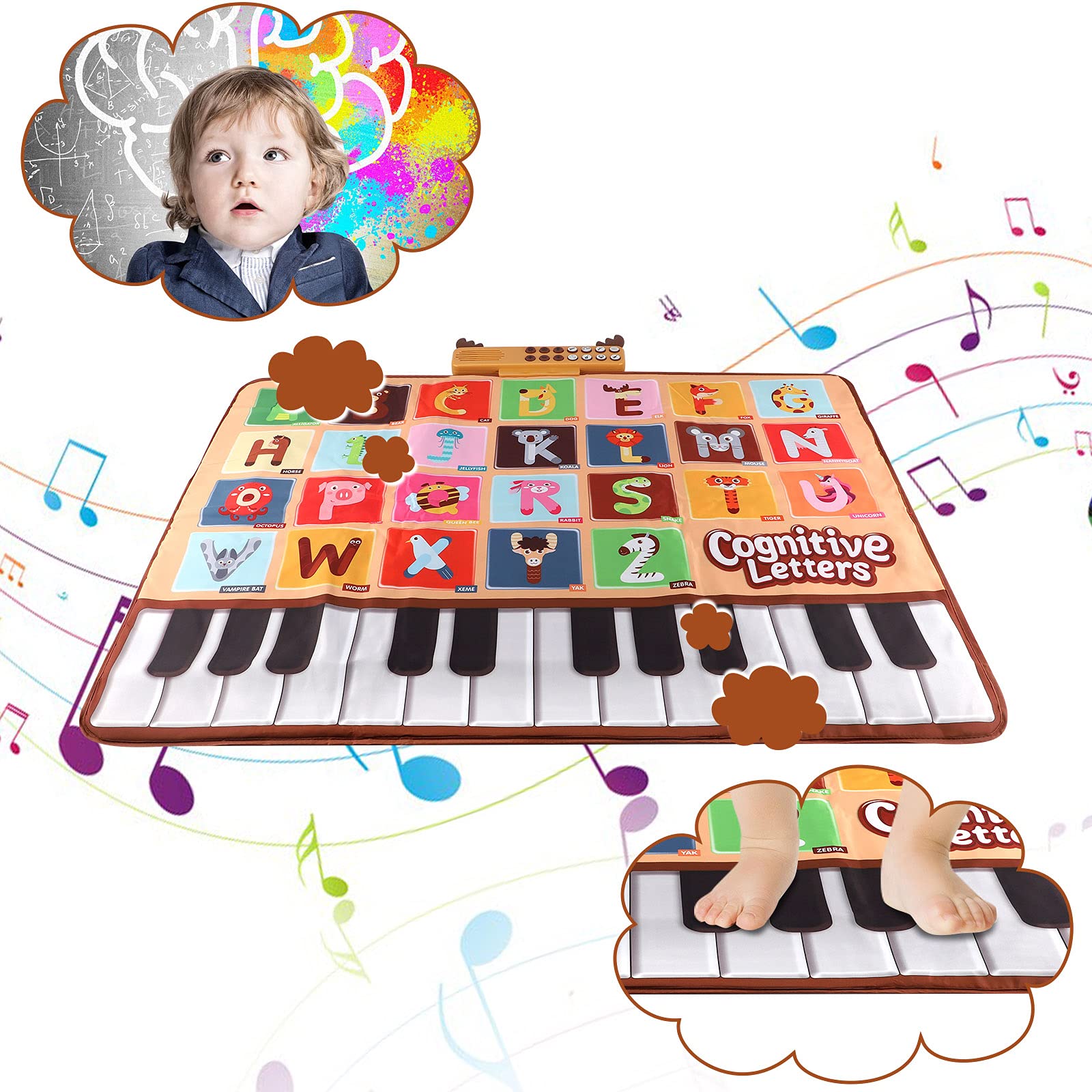 Bluejay Baby Piano Mat, Musical Keyboard Learning Toys with 26 Letters, Electronic Music Animal Touch Play Mat Toddler Toys Gifts for Boys and Girls 1 2 3 Year Old