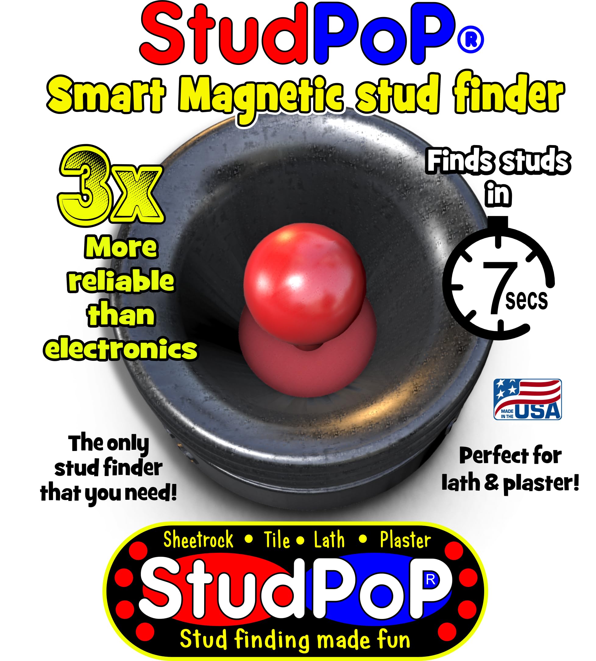 StudPoP® "Original" Smart Magnetic Stud Finder – No Batteries, No Calibration, 3x More Reliable, Perfect for Lath & Plaster, Metal Studs – Visual & Audible Indicator, Simple & Fun to Use – 1" magnet