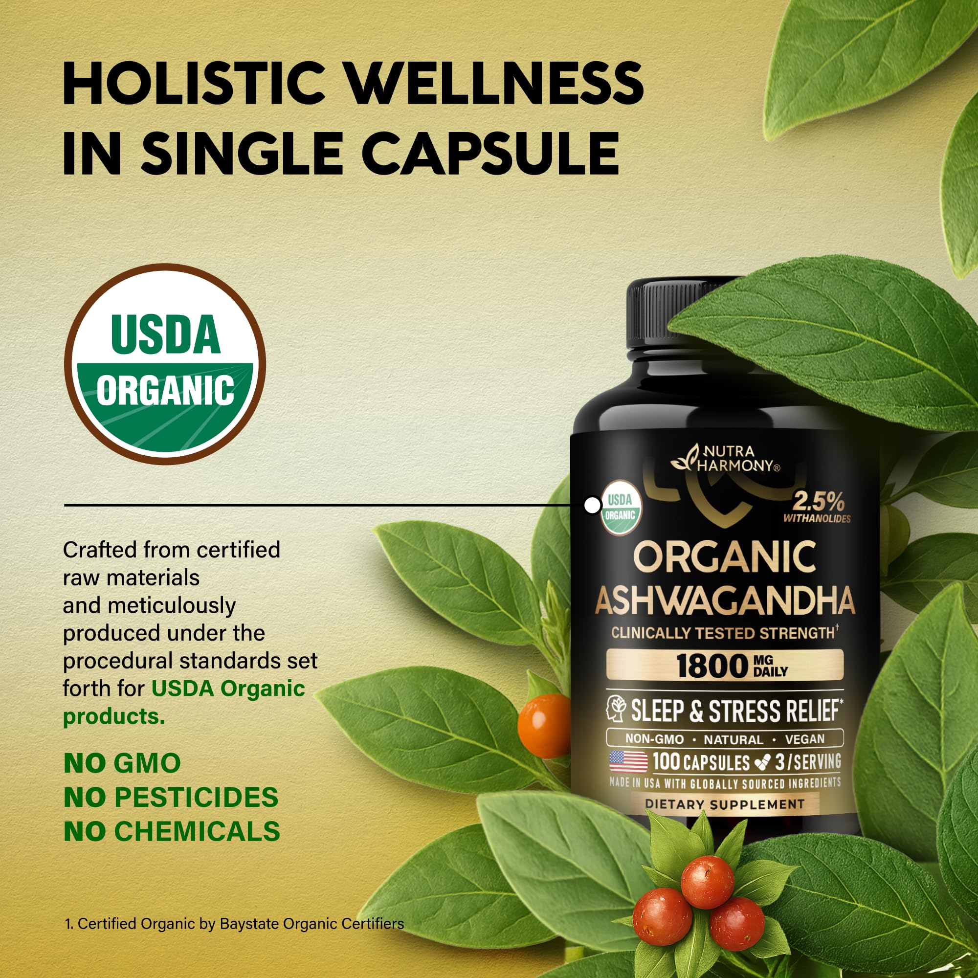 Ashwagandha Supplements 1800mg - USDA Organic Ashwagandha for Women & Men - Clinically Effective Strength for Stress Relief & Sleep - Powder & Root Extract 2.5% Withanolides - Made in USA 100 Capsules