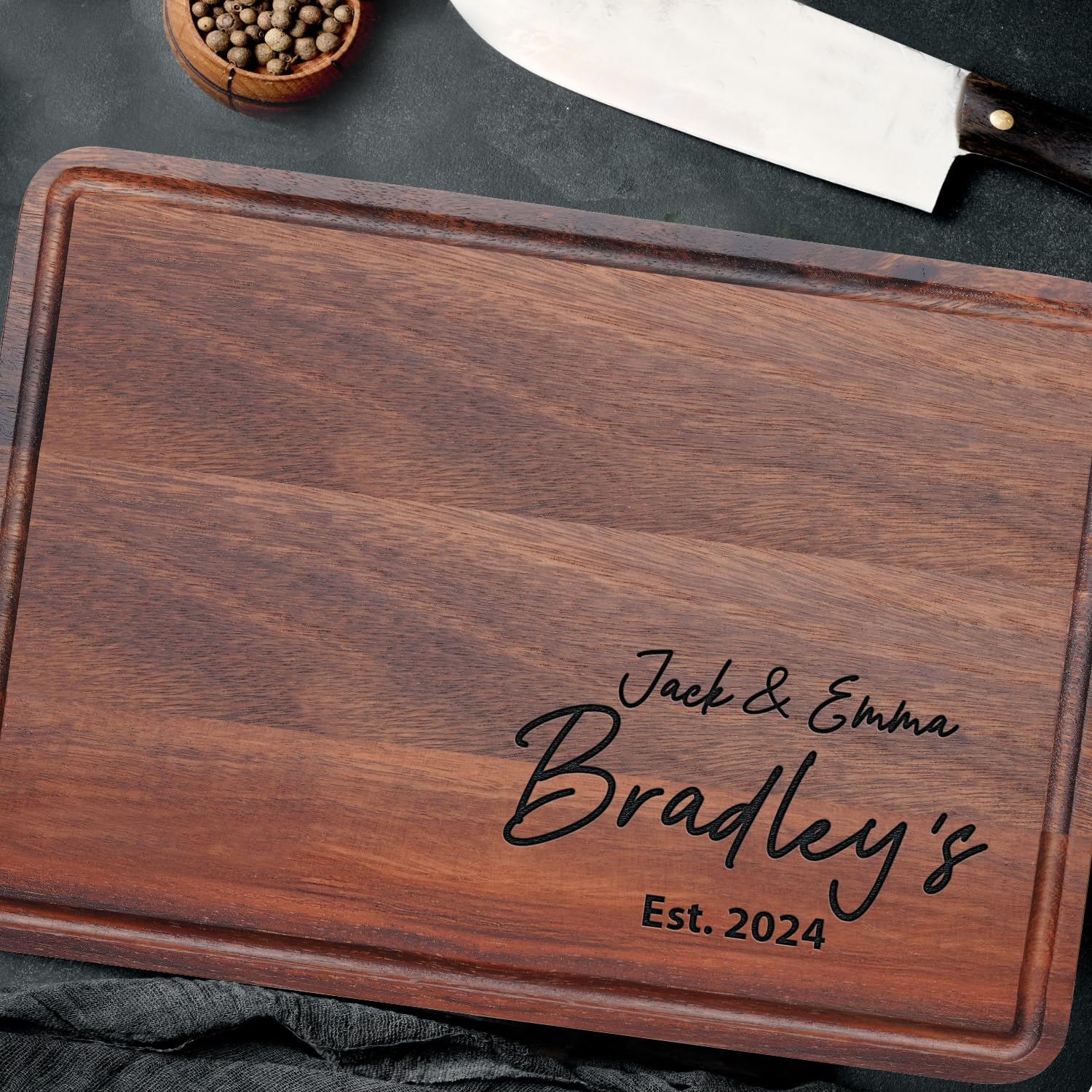 Personalized Engraved Wood Cutting Board for Couples, Walnut Edge Engraved Custom Wedding Gifts, Best Gift Ideas for Christmas, Parents, Anniversary, Housewarming, House Closing, Engagement, Friends