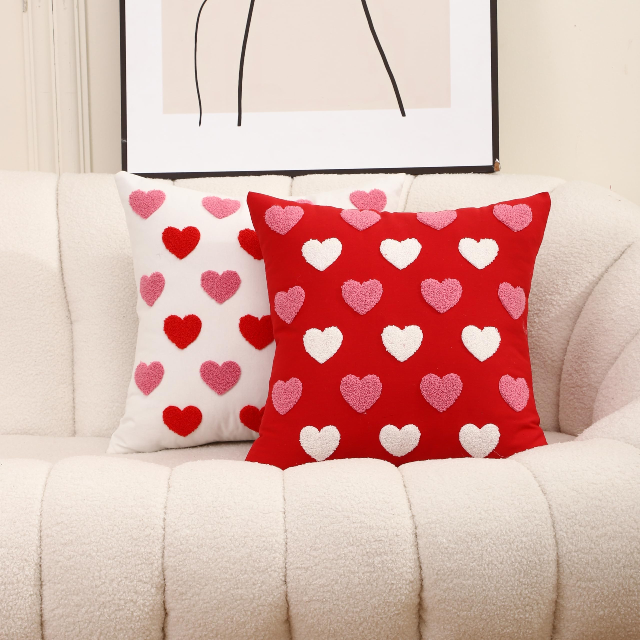 WOKANI Valentines Day Throw Pillow Covers 18x18 Set of 2 Heart Love Couples Decorations Embroidery Cushion Covers Home Decor for Couch Girlfriend Sofa Bedroom, White Red Pink