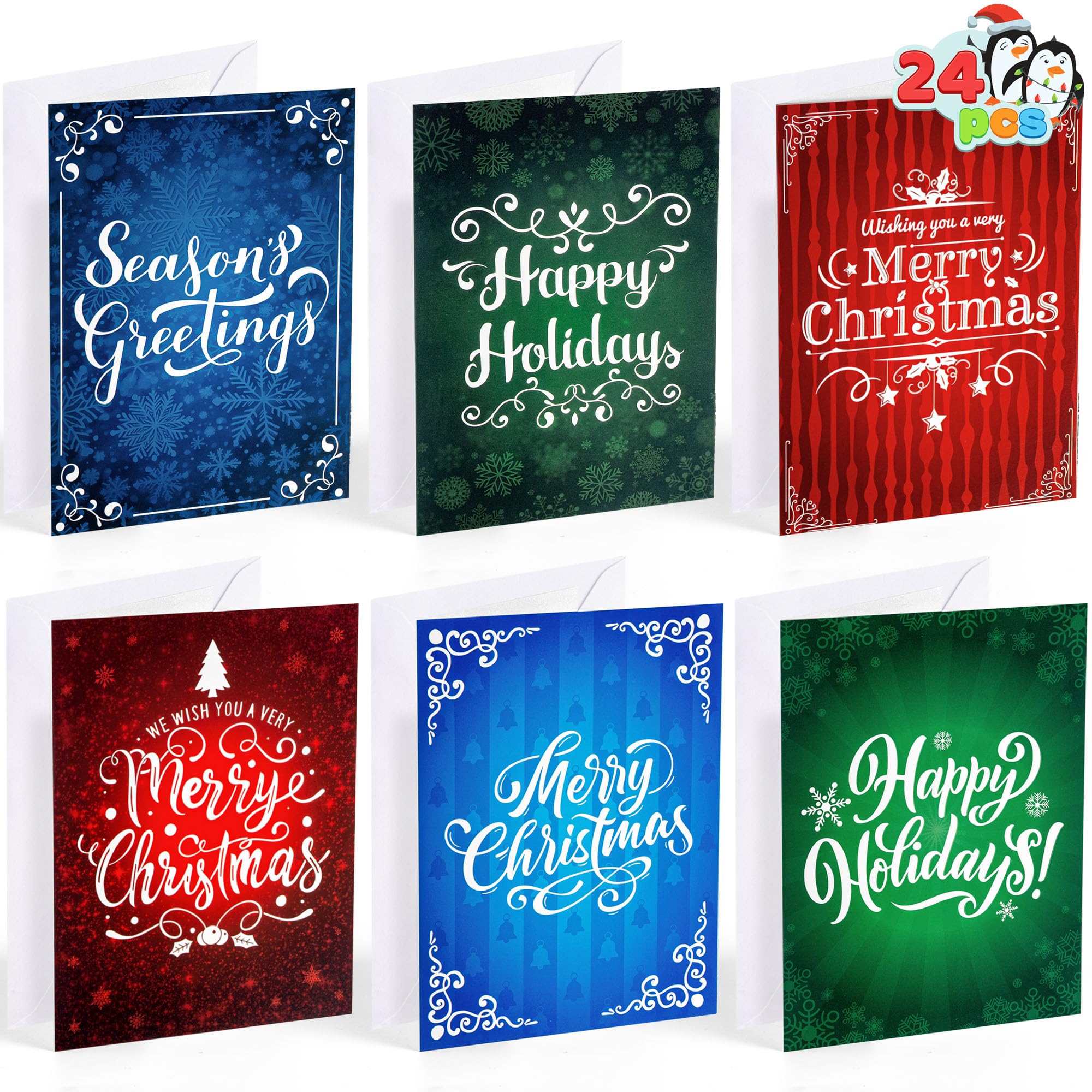 JOYIN 24 PCS Christmas Holiday Greeting Cards Bulk Collection 6 Diverse Coloful Designs Assortment with Envelopes, Elegant Lettering for Merry Christmas Season, present Giving, Xmas Gifts Cards