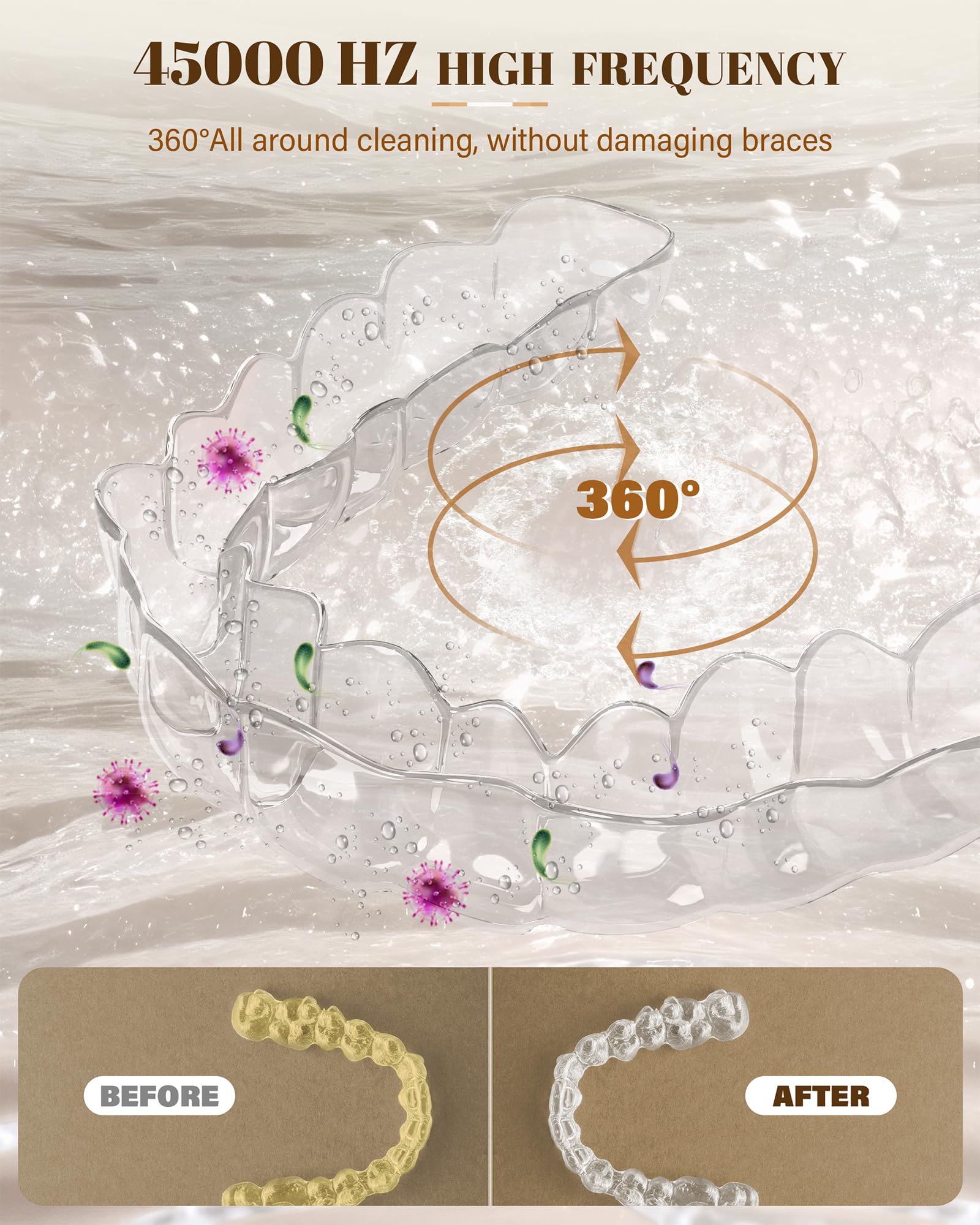 Ultrasonic Retainer Cleaner, 200ML Denture Cleaner for Mouthguard, Aligner and All Dental Appliance with 4 Digital Timer, 45kHz Diamond Cleaner for Rings Jewelry Cleaning, with Cleaning Basket