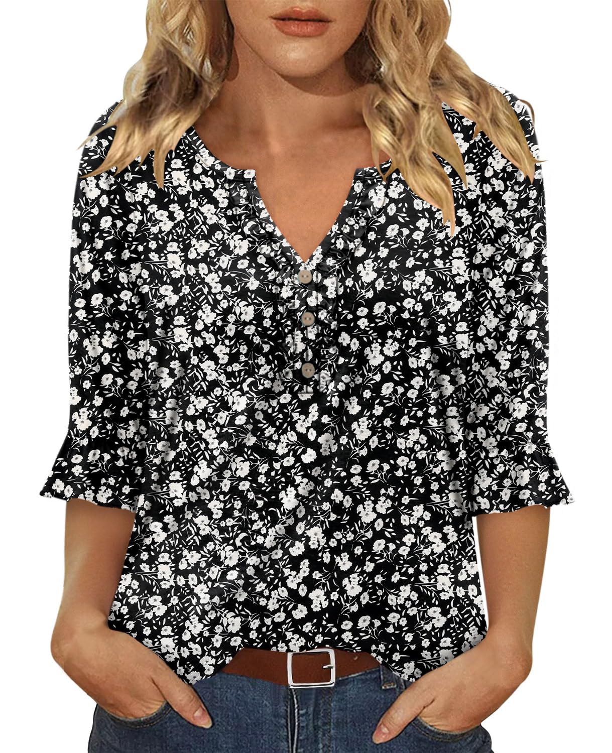 BETTE BOUTIK tunic shirts for women pleated plus size flowy shirts v neck women short sleeve shirt BlackWhite Large