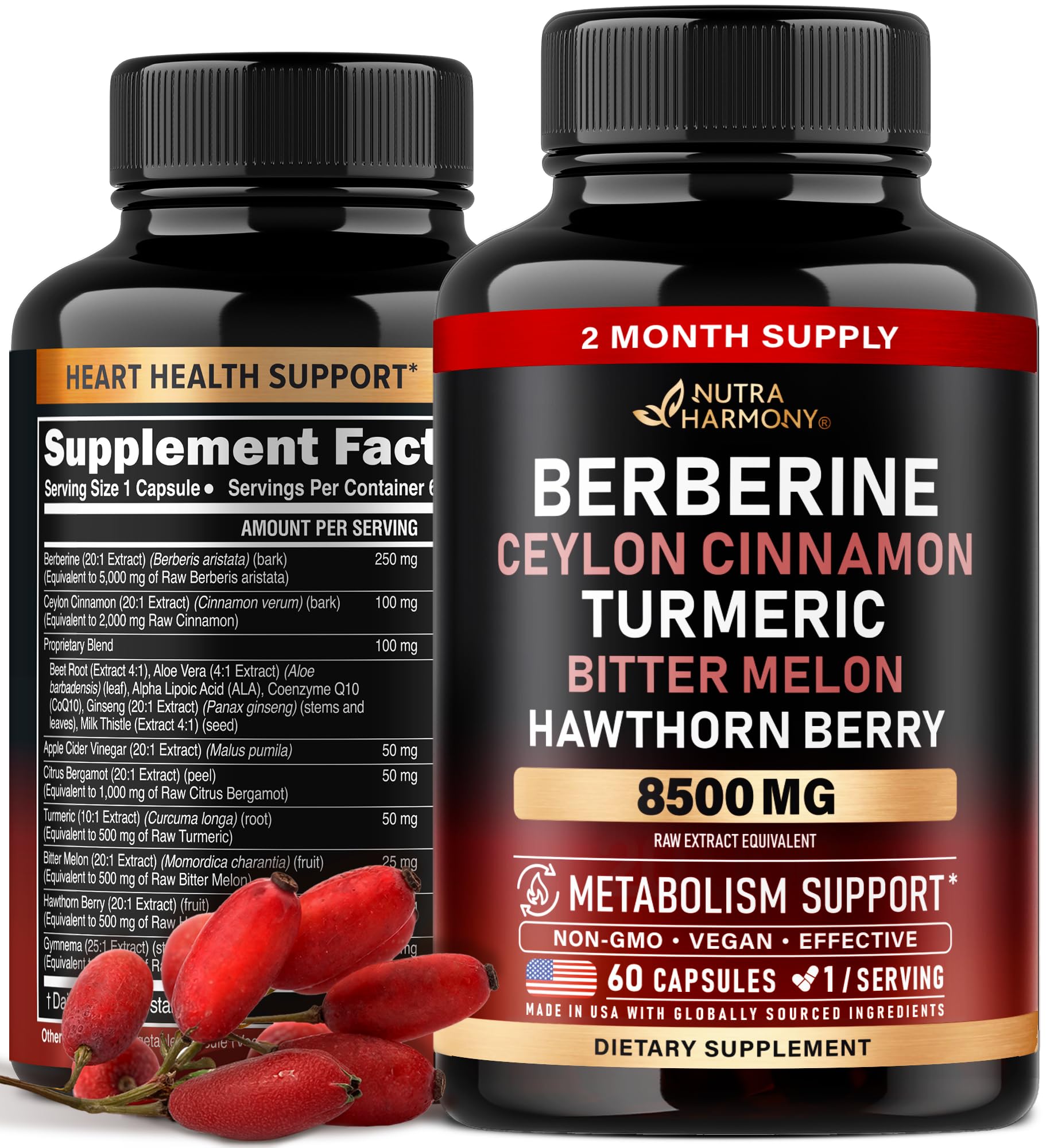 Berberine with Ceylon Cinnamon 8500 mg Apple Cider Vinegar | Hawthorn Berry | Citrus Bergamot | Bitter Melon | CoQ10 - 14-in-1 Supplement for Heart Support, Metabolism & Energy - Vegan, 60 Capsules