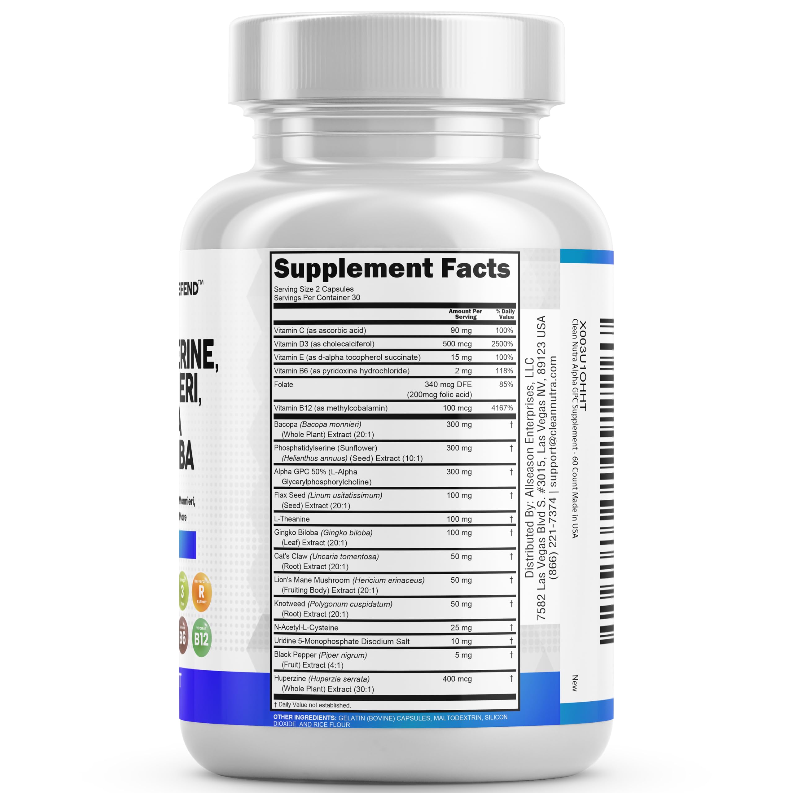 Clean Nutraceuticals Alpha GPC Choline Phosphatidylserine Bacopa Monnieri Ginkgo Biloba Huperzine A Supplement with Urdine Lions Mane Cats Claw NAC Vitamin C B D E