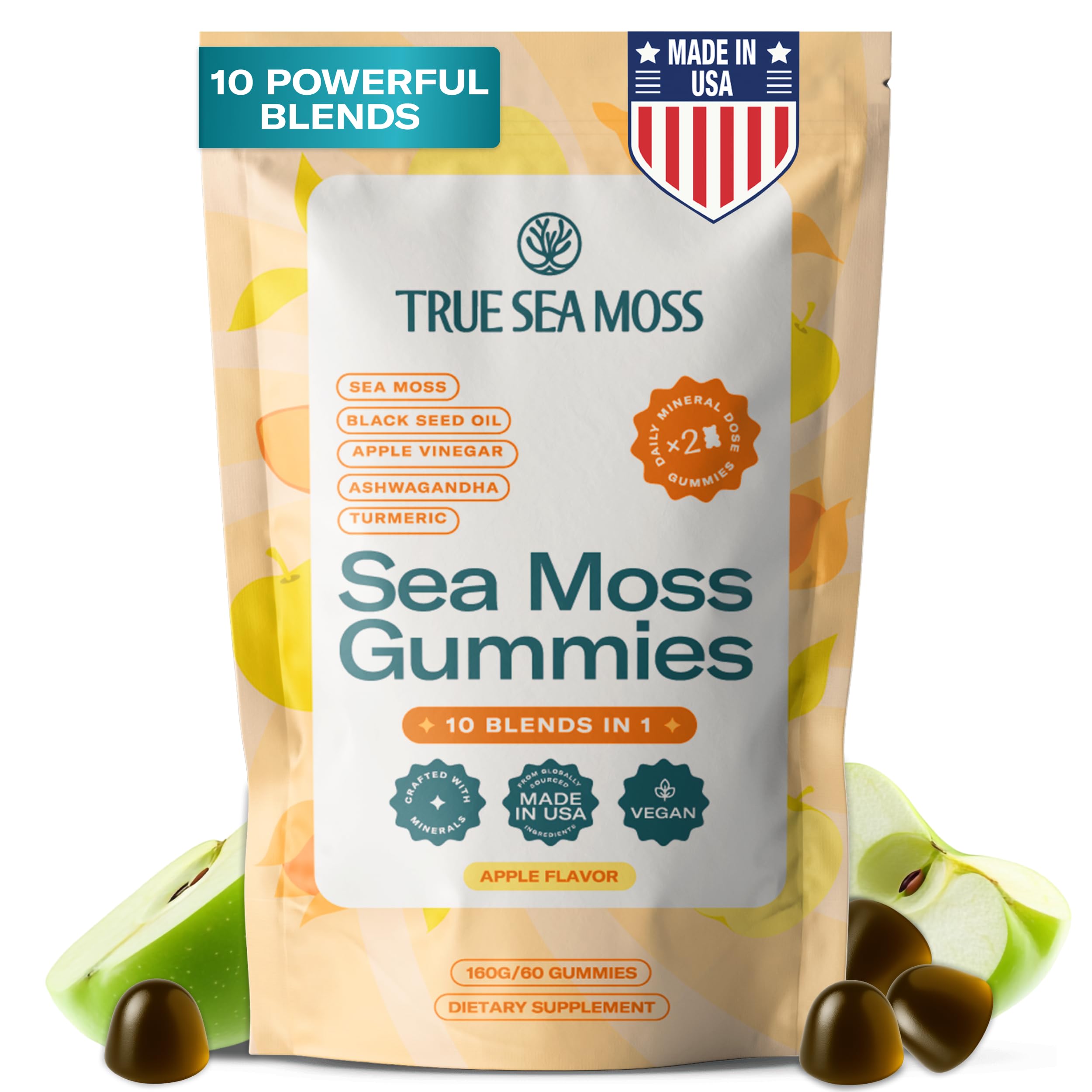 Sea Moss & Apple Cider Vinegar Gummies – 10-in-1 Herbal Blend with Black Seed Oil, Ashwagandha, Turmeric, Bladderwrack, Sea Vegetables, Burdock Root & Dandelion – Vegan, USA Made, Apple Flavor – 60 ct