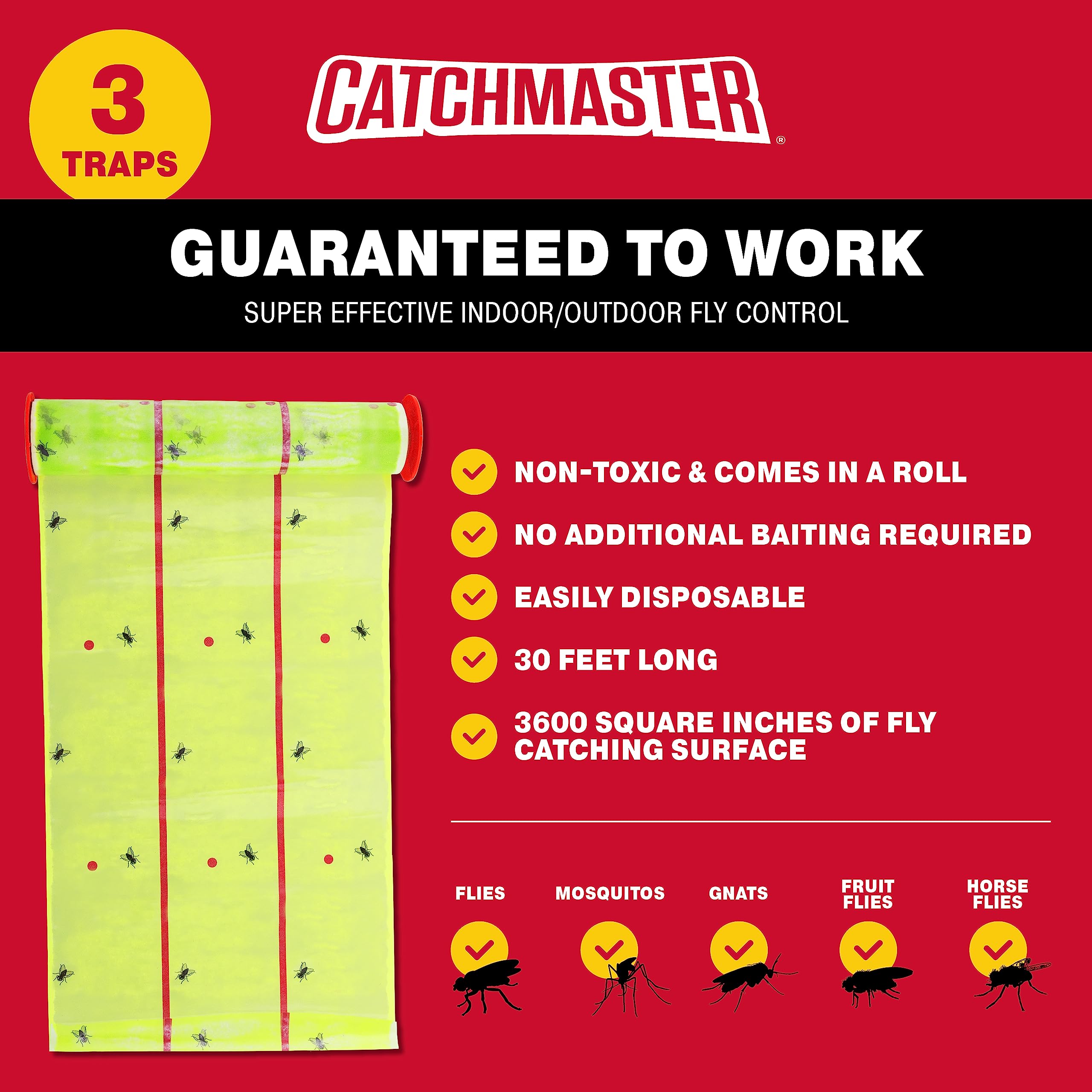 Giant Fly Glue Trap by Catchmaster - 3 Packs 30 Feet Each Pre-Baited, Ready to Use Indoors & Outdoors. Bug Insect Infestation Sticky Adhesive Scented Green Color Barn Paper Sheet Disposable Non-Toxic