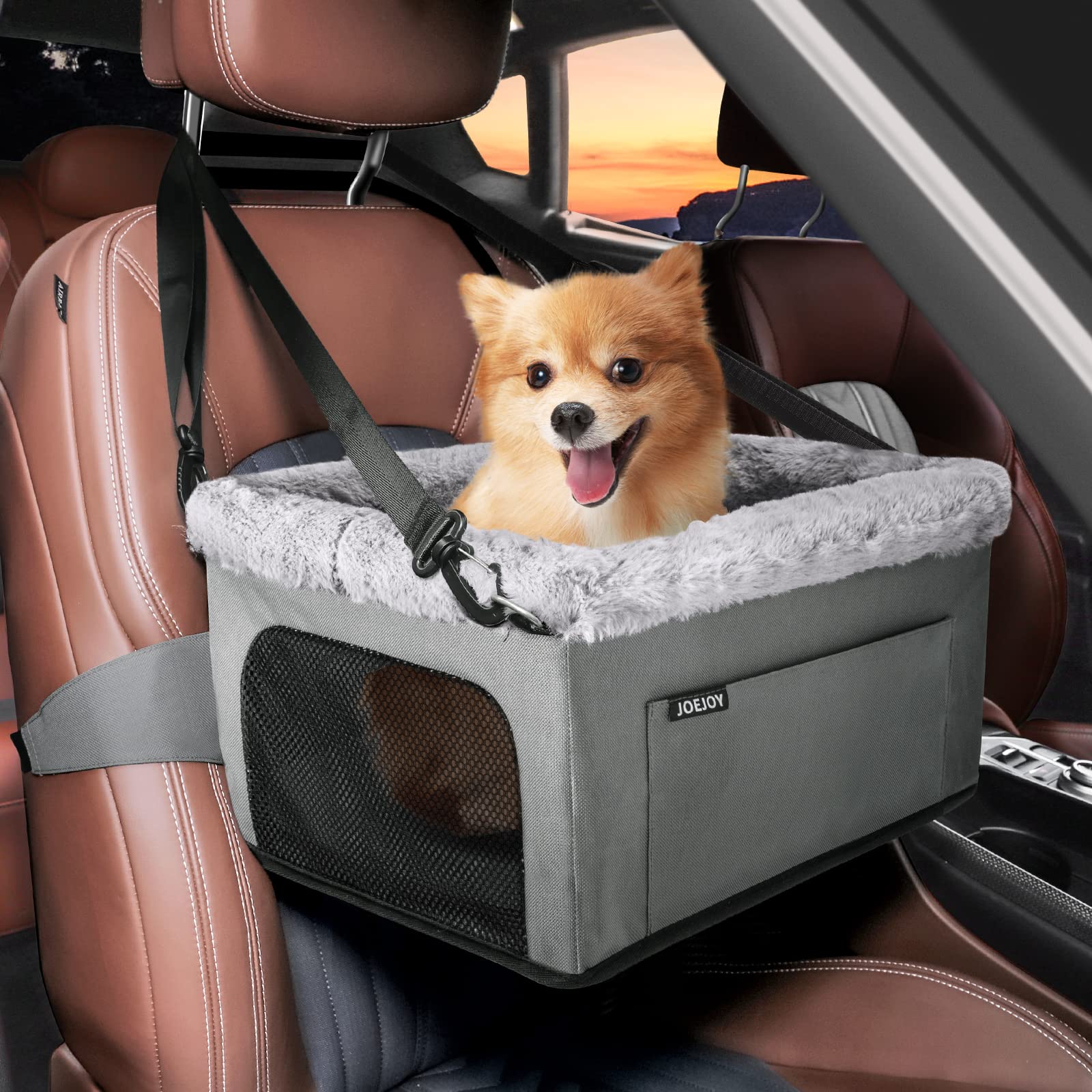 JOEJOY Deluxe Dog Booster Seat with Sturdy Metal Frame and Safety Leash for Small Pets up to 20 lbs - Portable Puppy Dog Car Seat with Thick Cushion and Storage Pockets for Small Dogs