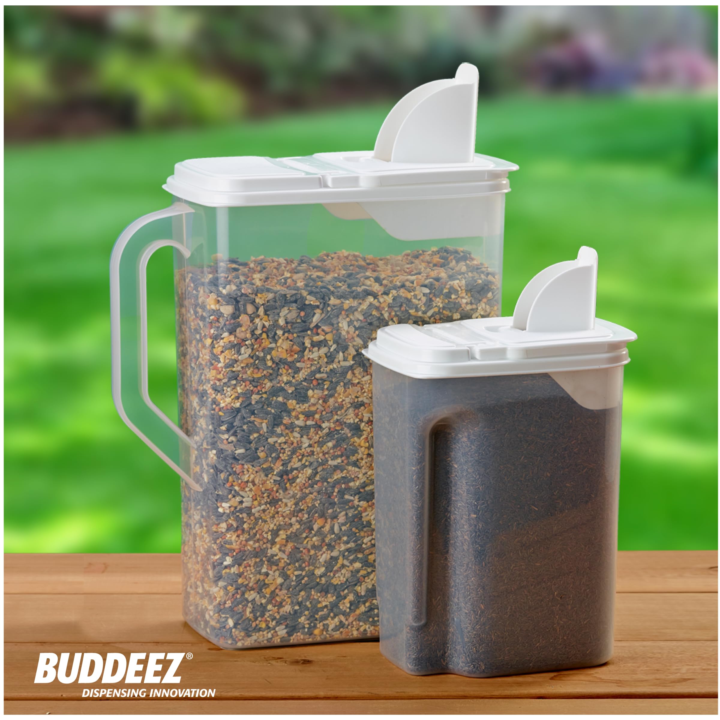 Buddeez Pet Food Storage Containers - 2 Count Bird Seed Dispenser with Pour Tight Lids and Easy Pour Spouts, 8 Qt and 3.5 Qt, Bird Seed Storage for Small and Large Feed, BPA Free