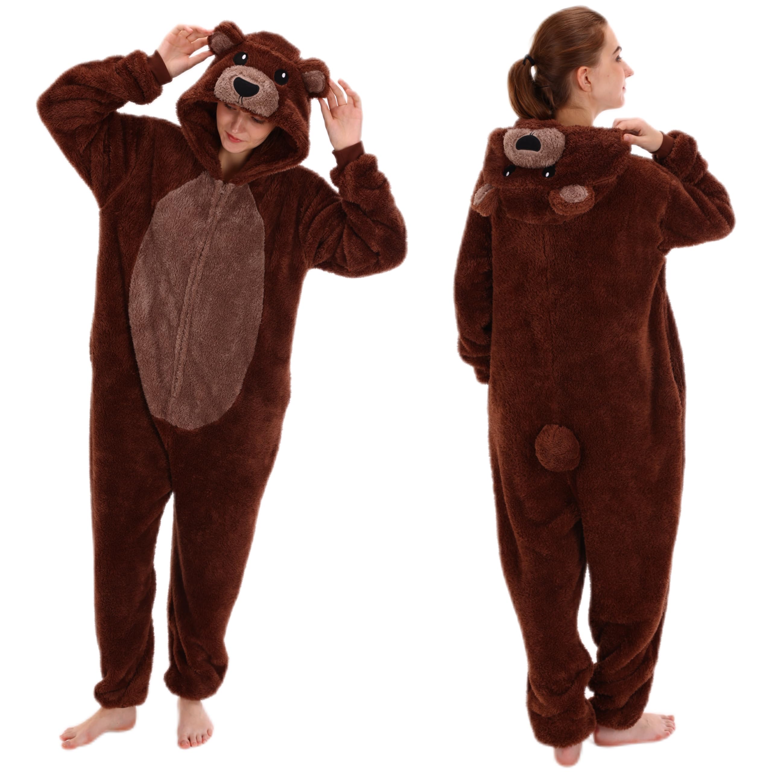 COSUSKET Snug Fit Unisex Adult Onesie Pajamas, Sherpa Bear Cosplay Animal One Piece Halloween Costume Sleepwear Homewear