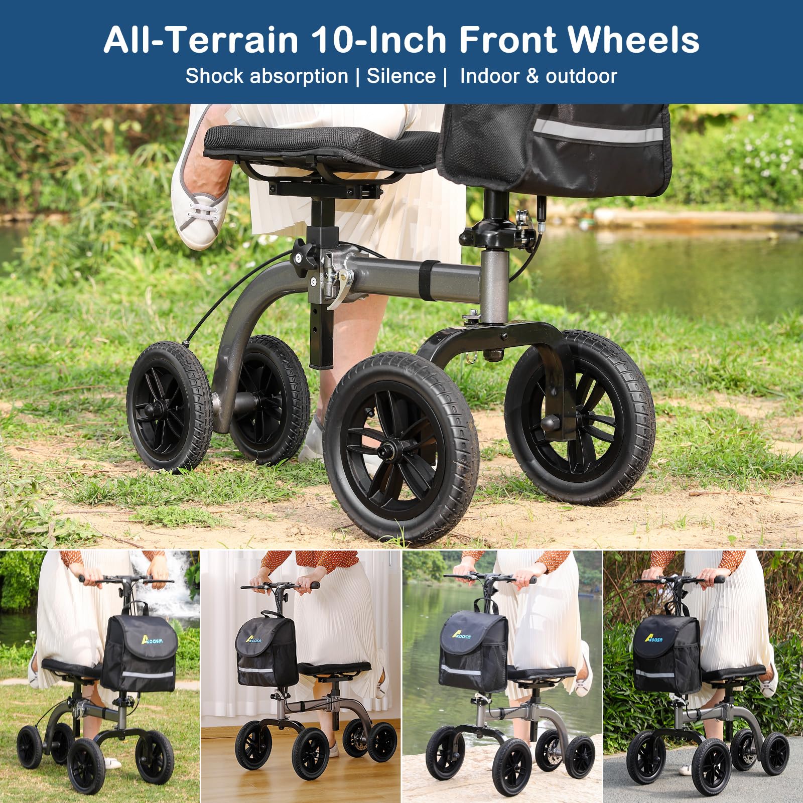 Akoasm Collapsible All Terrain Knee Scooter for Adults for Foot Surgery, Adjustable Knee Walker Cart with Basket, Alternative to Crutches for Broken Leg Ankle Injuries, Dual Brakes, Grey