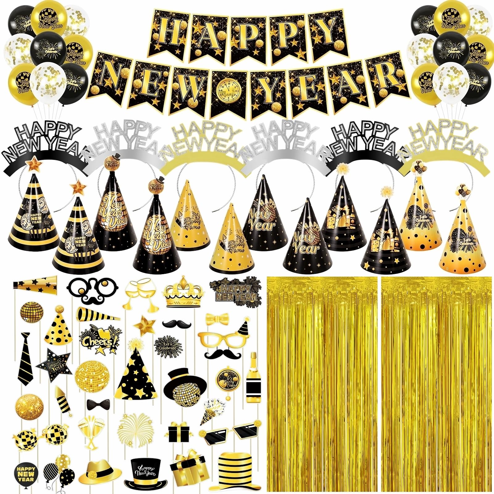 80 Pcs New Years Eve Party Supplies 2025 Happy New Year Decorations - Include Happy New Year Banner, Cone Hats, Tiaras, Balloons, Fringe Curtain and New Year Photo Props