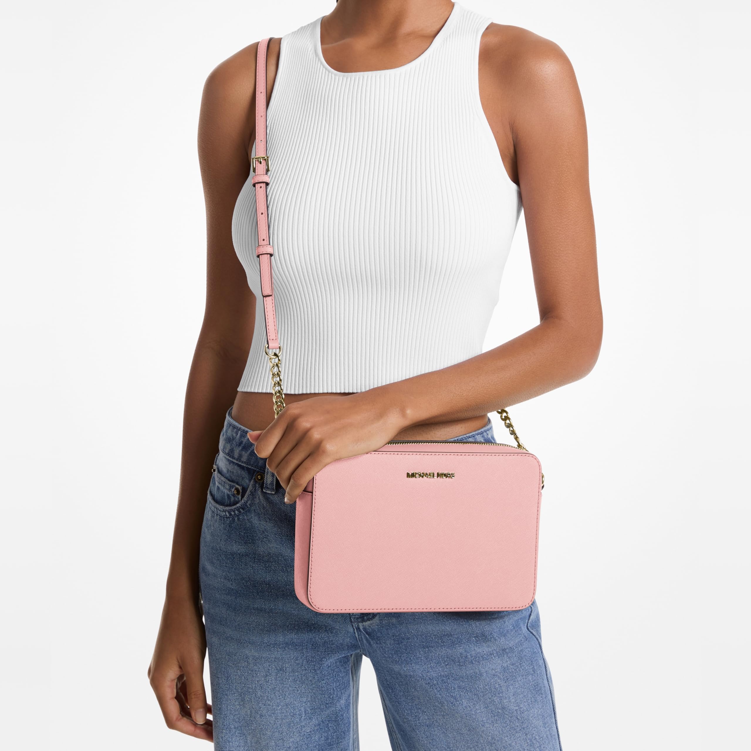 Michael Kors Jet Set Large Crossbody, Gold-Tone Hardware/Powder Blush