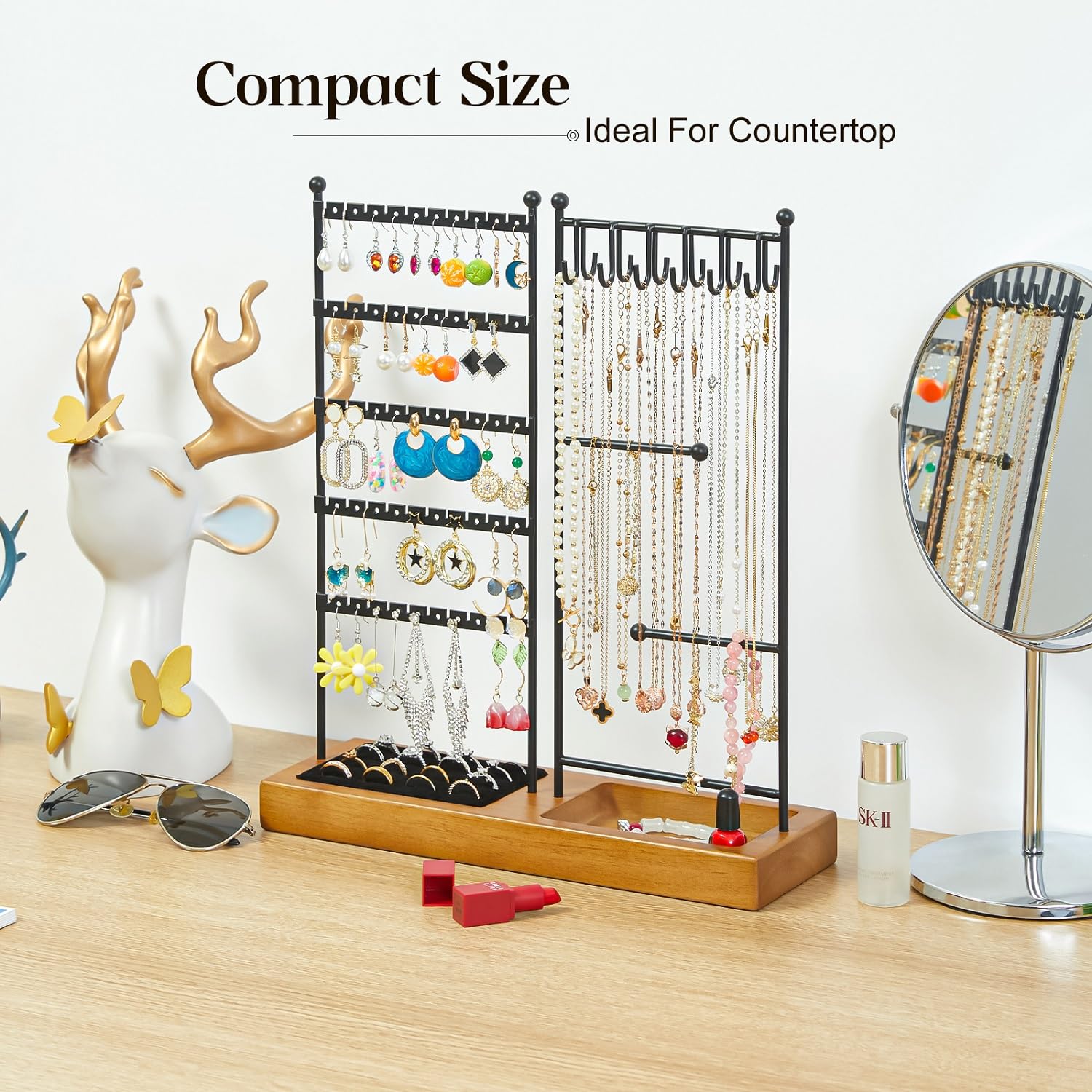 Jewelry Organizer with Earring Holder,Necklace Holder with Ring Tray, Jewelry Stand Tree Holder Organizer For Earring Ring Necklace Bracelet Display and Storage,12 Hooks,100 Earring Holes,16 Ring Slot