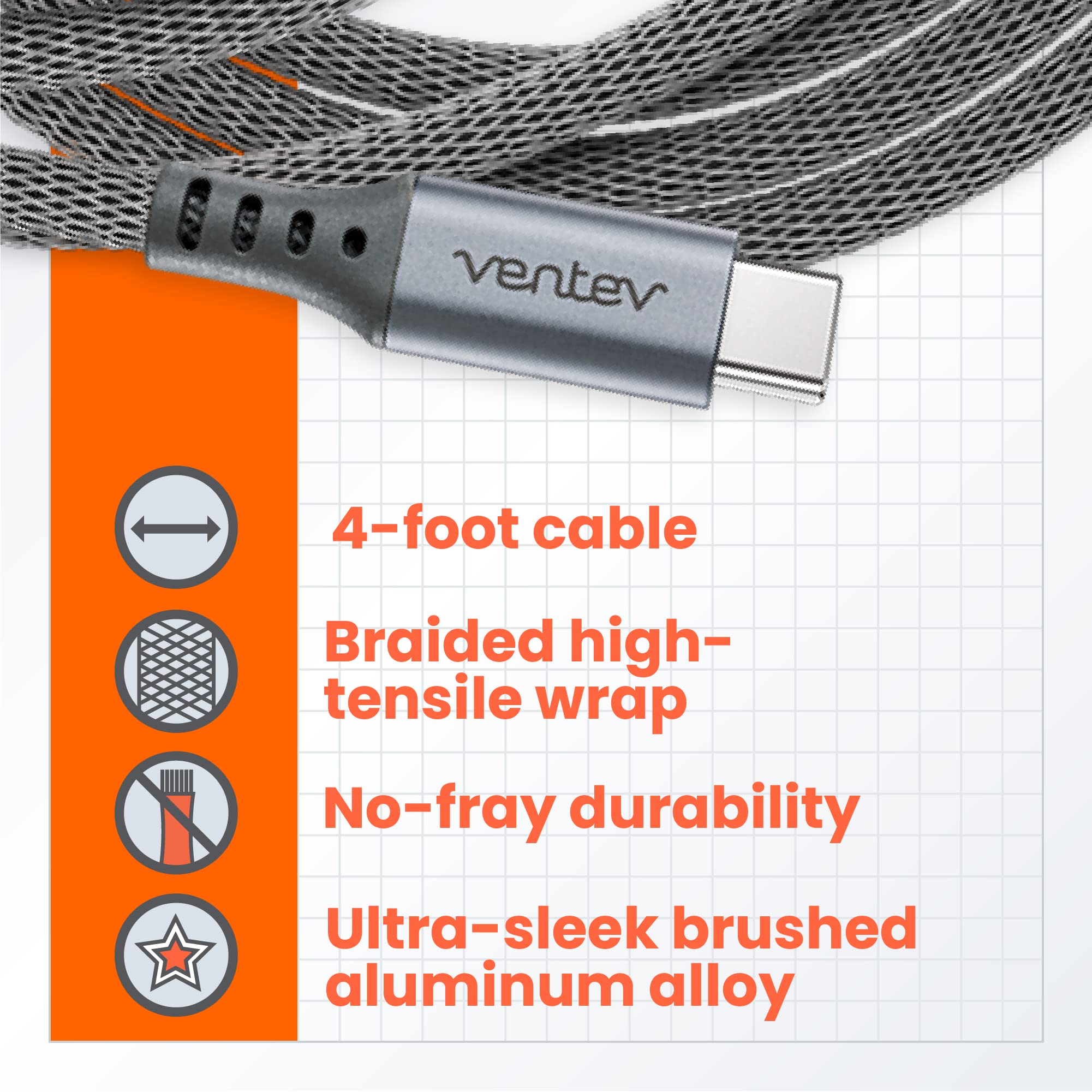 Ventev Chargesync Alloy Cable | Type A-C, Supports Rapid Rate Charging up to 3A, Transfers Data to Most PC or MAC, Ultra-Sleek Aluminum Housing, No-Fray Durability, Rapid Charging | 4ft Steel Gray