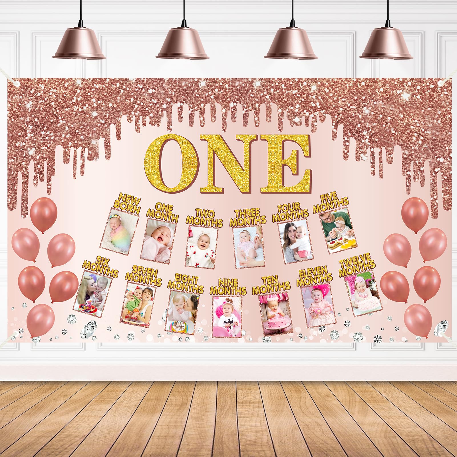 Uiorgui 1st Birthday Photo Banner Decorations for Baby Girls, Pink Rose Gold First Birthday Decor 1 Year Old Birthday Backdrop Party Supplies for 1 to 12 Month Girl