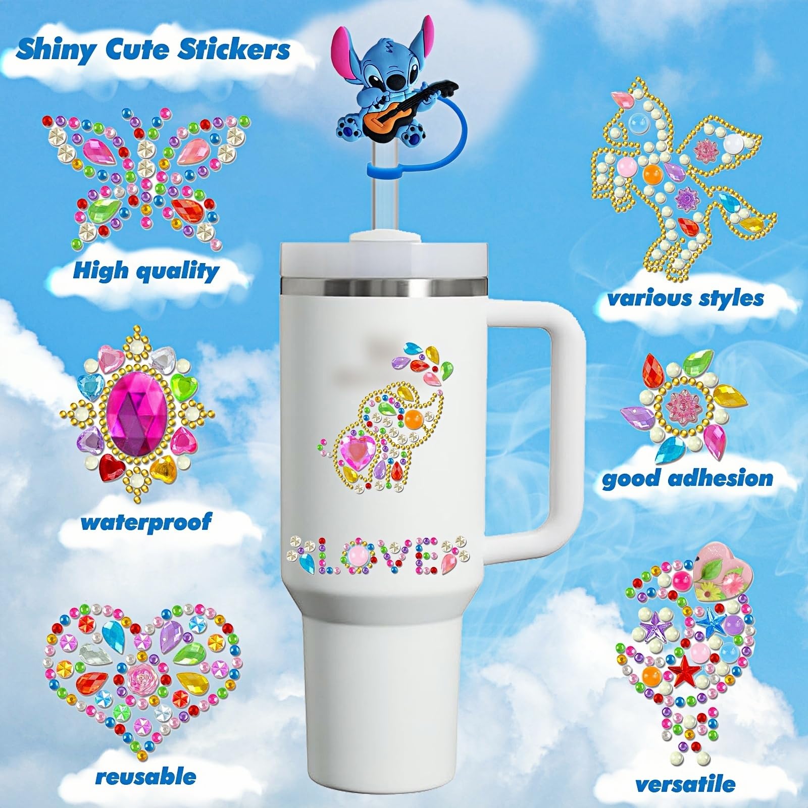 210Pcs+ Cute Reusable Stickers for Kids, Fun Glitter Gem Heart Art Stickers Bulk for Water Bottle, Happy Birthday, Prizes for Kids Classroom, Puffy Stickers for Toddlers Girls, Laptop Small Stickers
