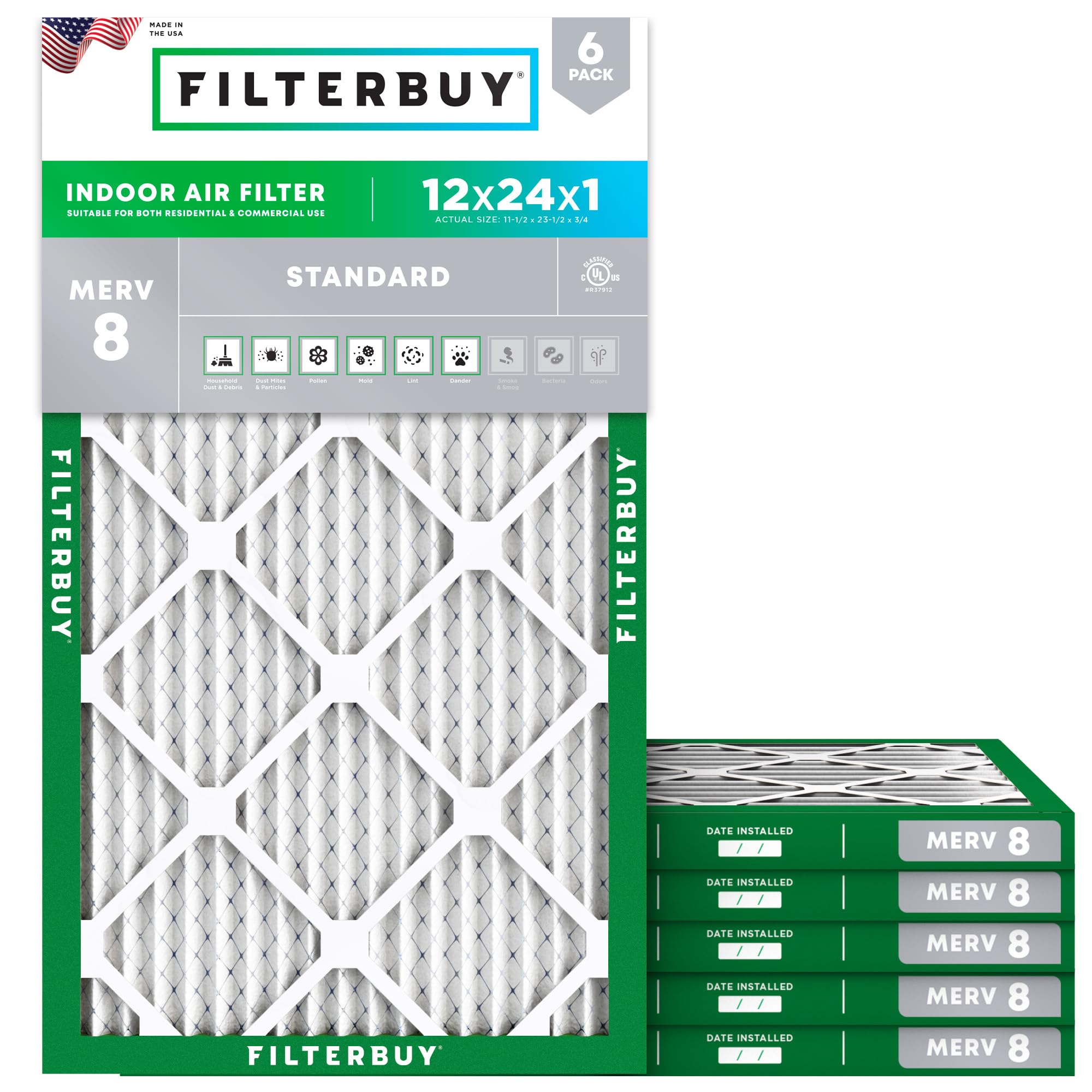 Filterbuy 12x24x1 Air Filter MERV 8 Dust Defense (6-Pack), Pleated HVAC AC Furnace Air Filters Replacement (Actual Size: 11.50 x 23.50 x 0.75 Inches)