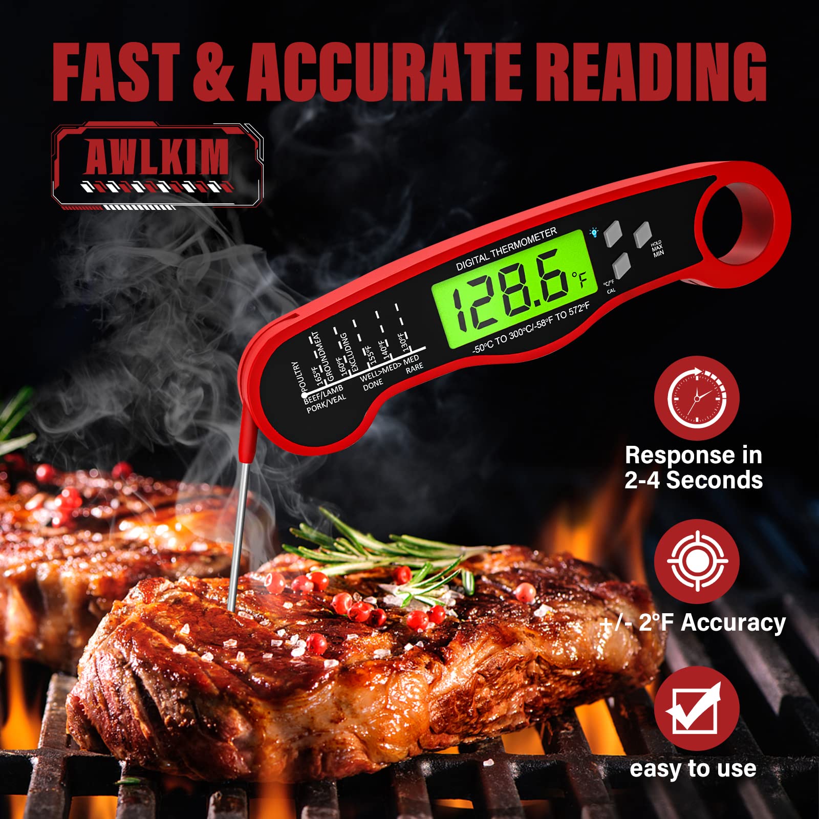 AWLKIM Meat Thermometer Digital - Fast Instant Read Food Thermometer for Cooking, Candy Making, Outside Grill, Waterproof Kitchen Thermometer with Backlight & Hold Function - Red