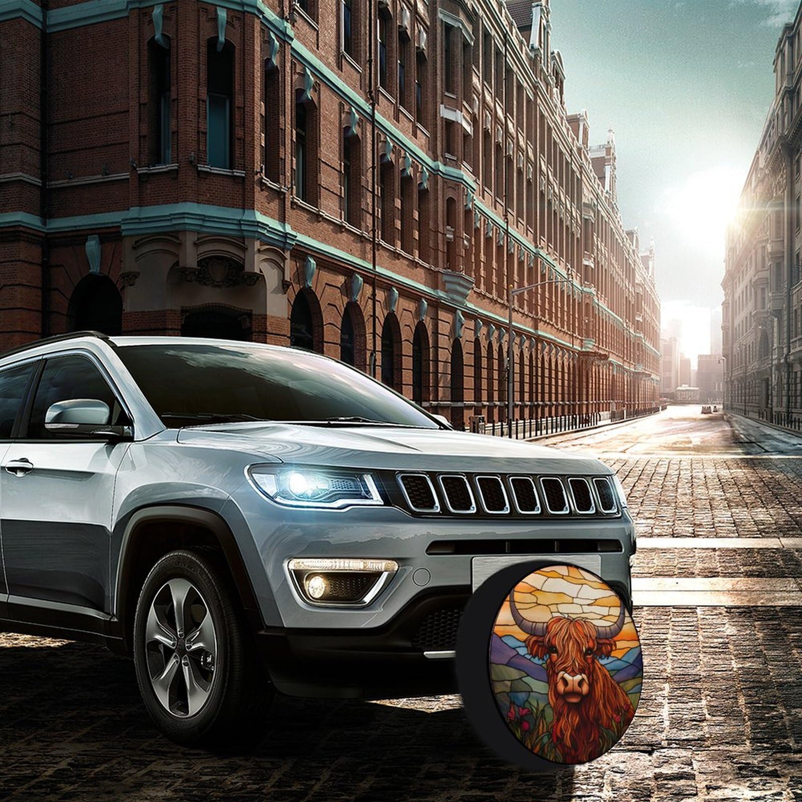 KIOWEIR Spare Tire Cover Highland Cowbright Stained Glass Wheel Tire Cover Universal Dust-Proof Tire Protectors for Trailer Rv Van SUV Truck Camper and Many Vehicle for Diameter 34''