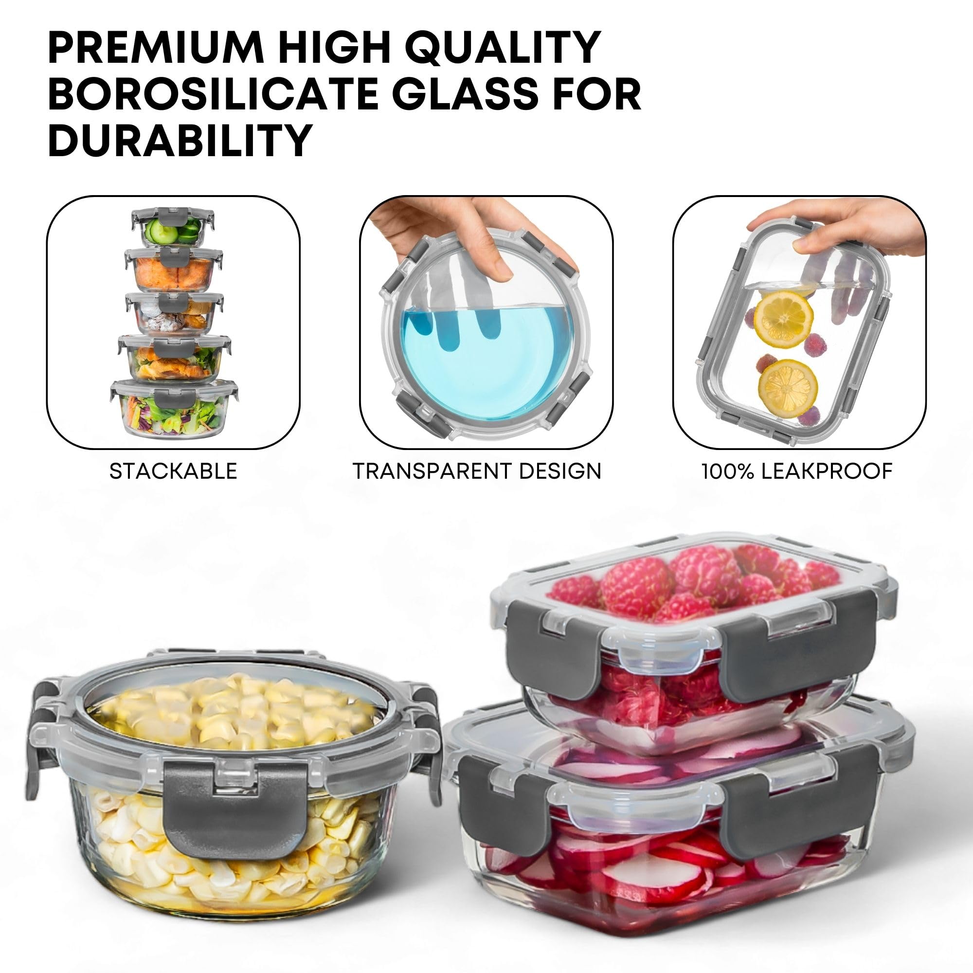 Razab 30 PC Glass Food Storage Containers with Lids - Reusable Glass Meal Prep Containers for Lunch & Leftovers - Airtight & Leakproof Snap Locking Lids - Oven, Freezer, Microwave & Dishwasher Safe