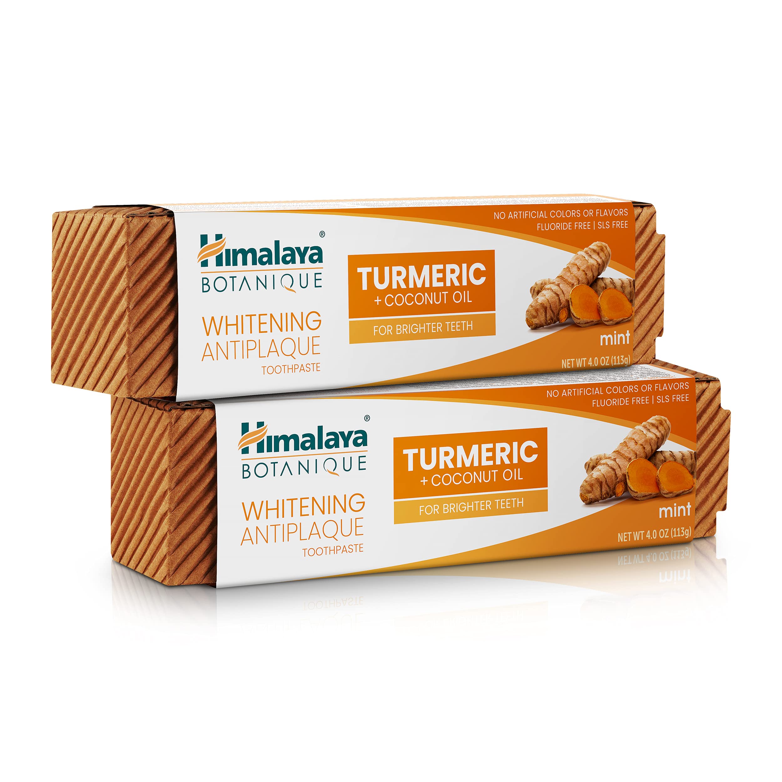 Himalaya Botanique Turmeric & Coconut Oil Whitening Antiplaque Herbal Toothpaste, Whitens Teeth, Fluoride Free, No Artificial Flavors, SLS Free, Vegan, Cruelty Free, Foaming, Mint Flavor, 4 Oz, 2 Pack