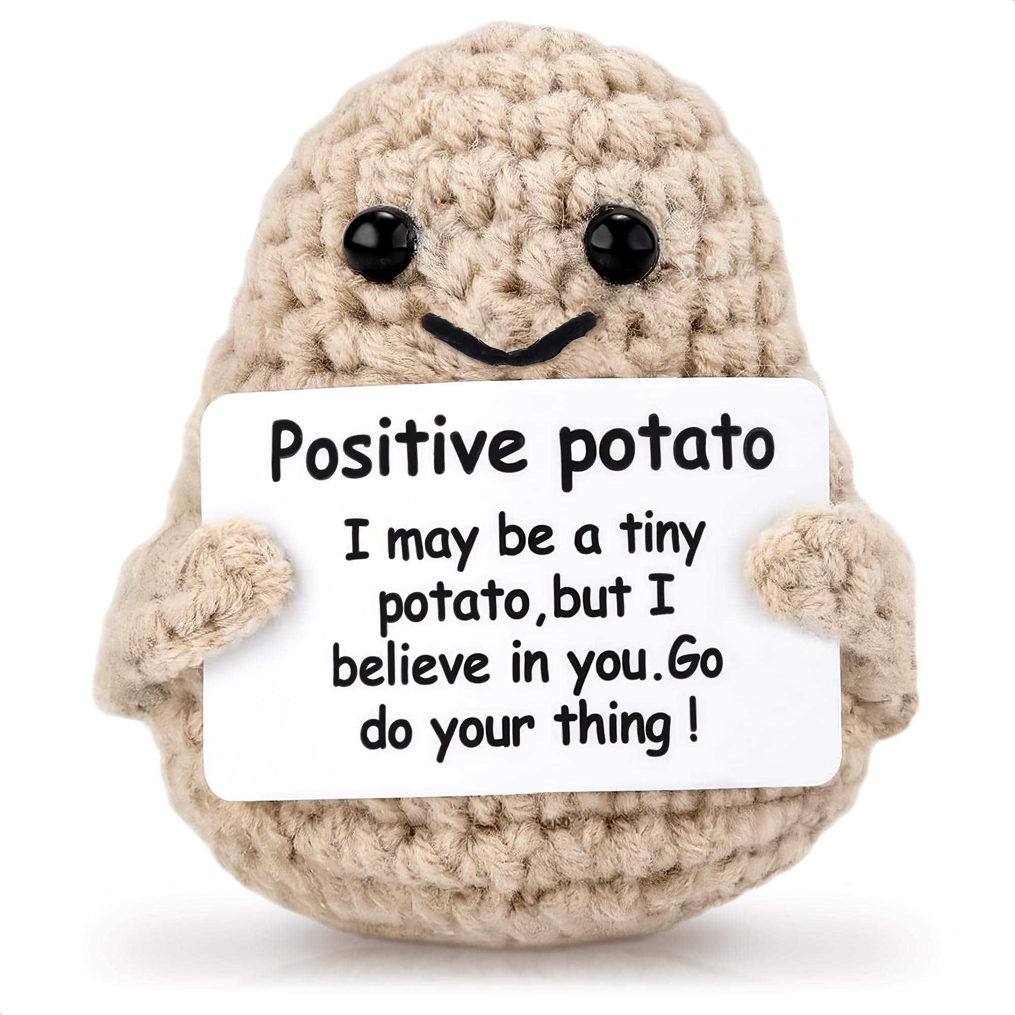 Handmade Crochet Positive Potato – 3.14x2.36 Inches Cute Mini Knitted Plush with Motivational Card, Funny Small Emotional Support Crochet, Inspirational Desk Decor, Unique Valentines Day Gifts for Him